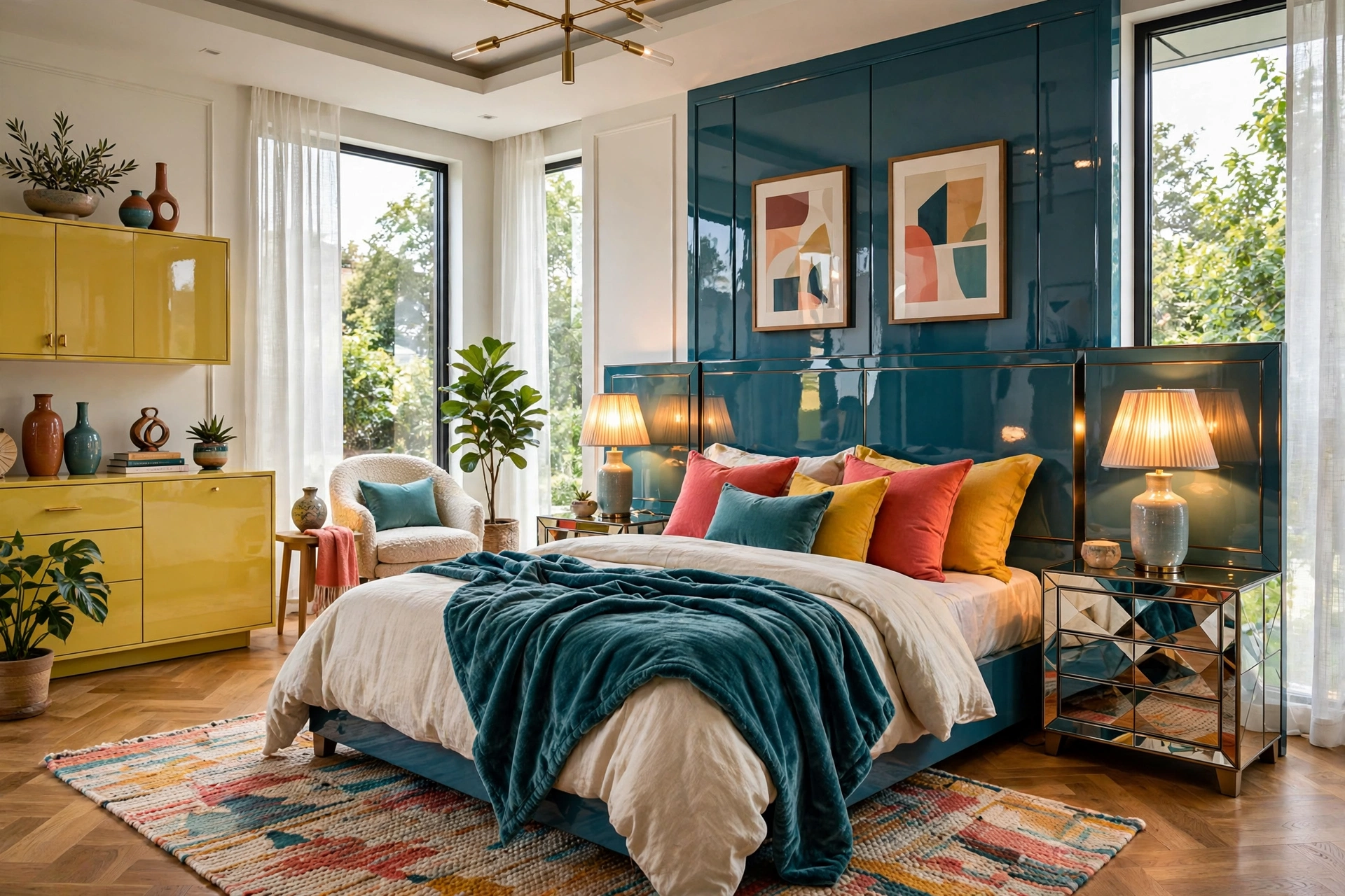 Sophisticated bedroom with mirrored nightstands and lacquered accents reflecting lamplight, entire room visible