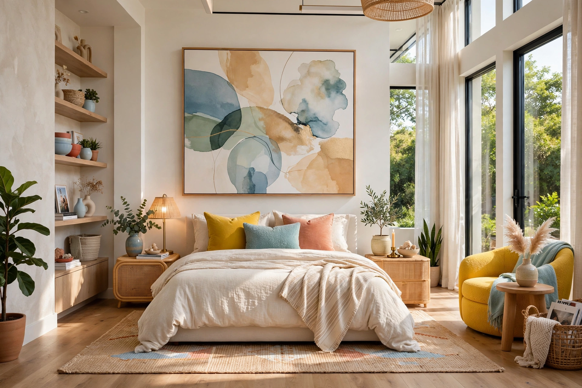 Bedroom with one large abstract art piece above the bed as focal point, entire room visible