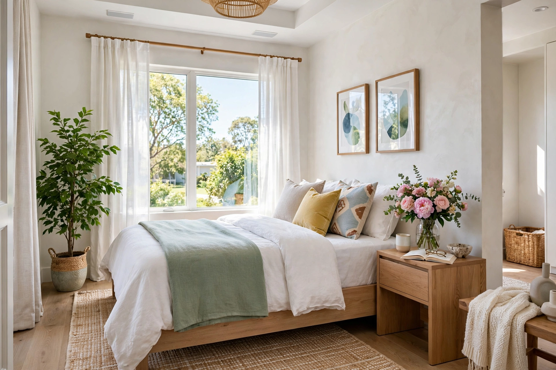 Fresh bedroom with a vase of fresh flowers on the nightstand and a green plant, entire room visible