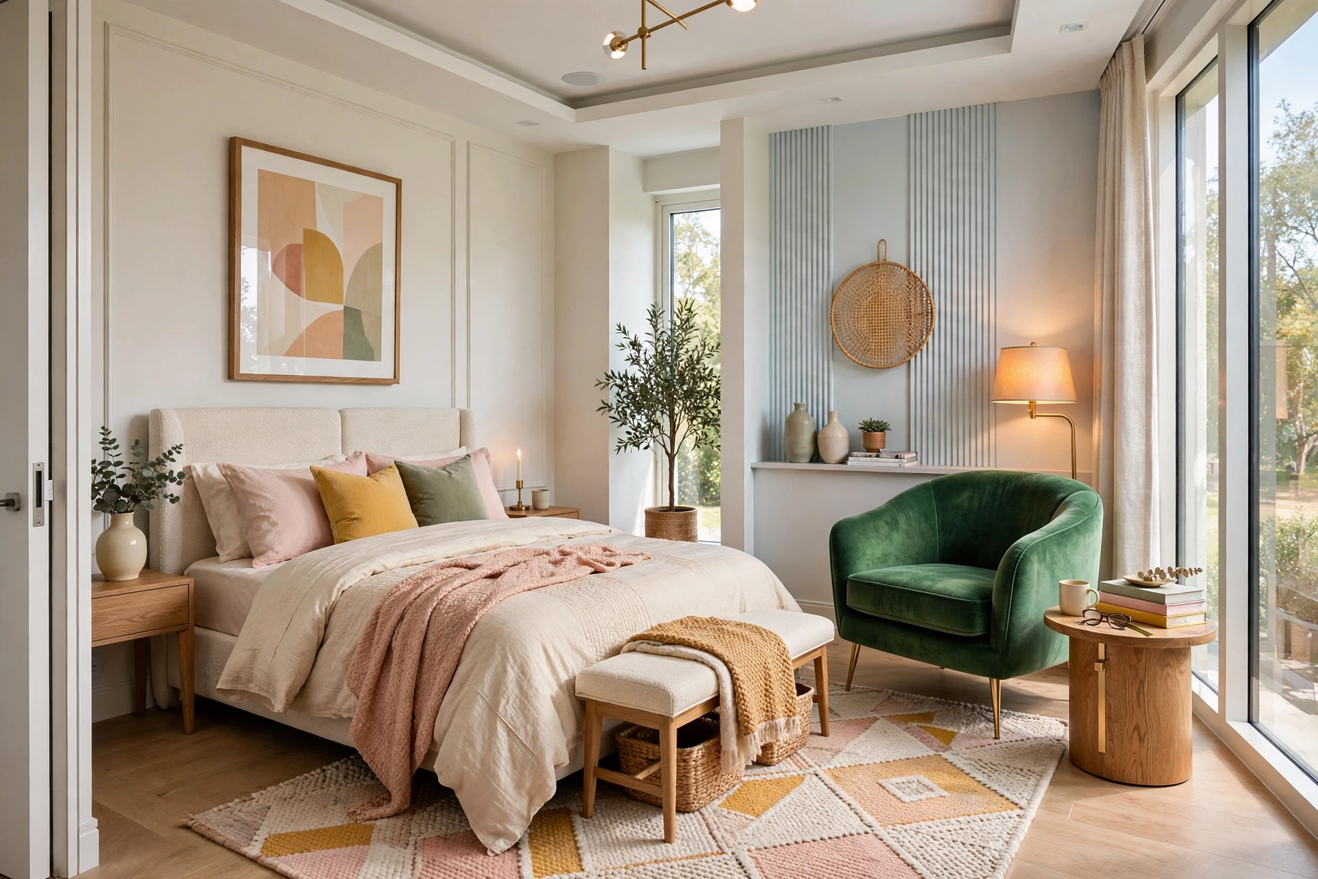 Bedroom reading corner with a luxe velvet armchair, floor lamp and side table, entire room visible
