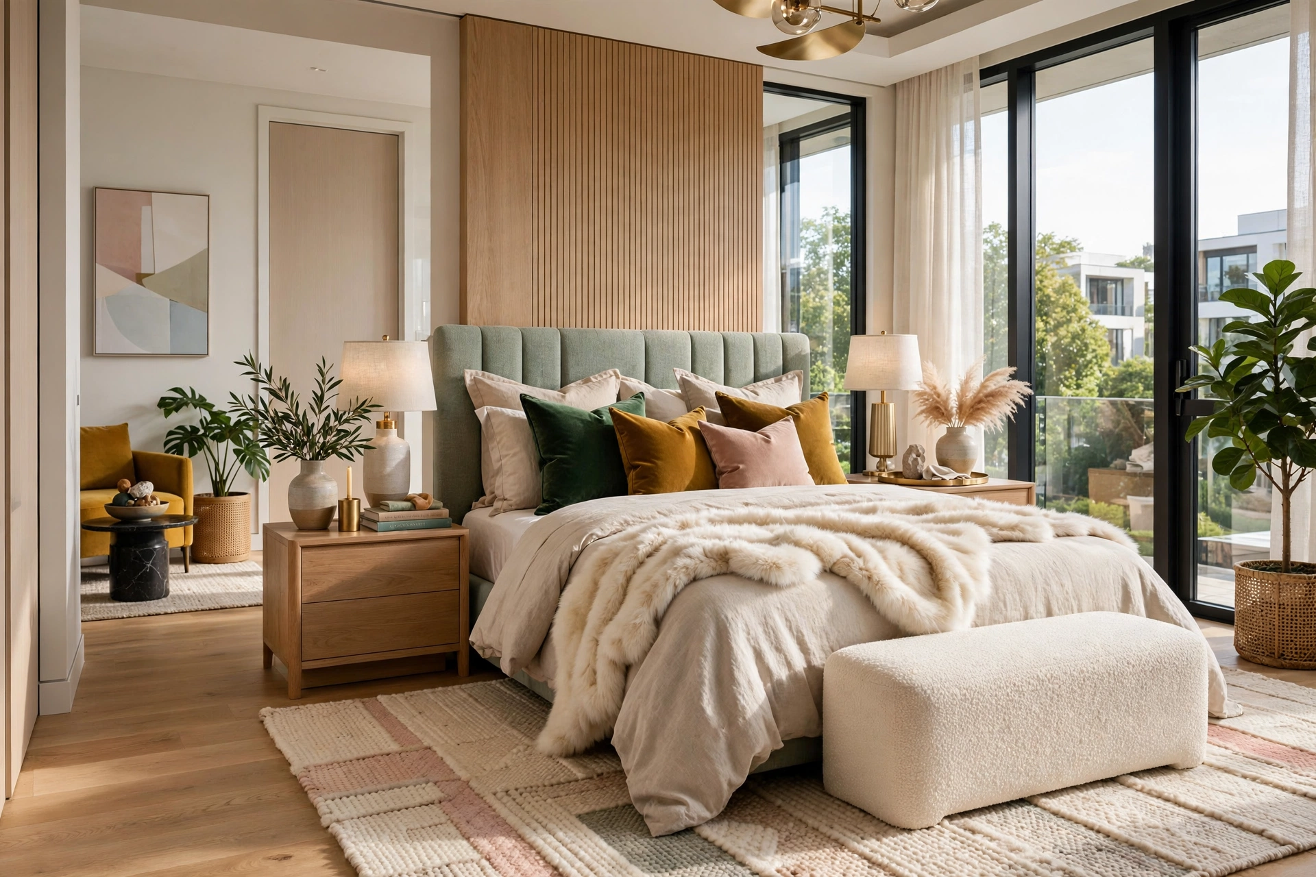 Luxurious bedroom layering textures: velvet cushions, linen duvet and faux fur throw, entire room visible