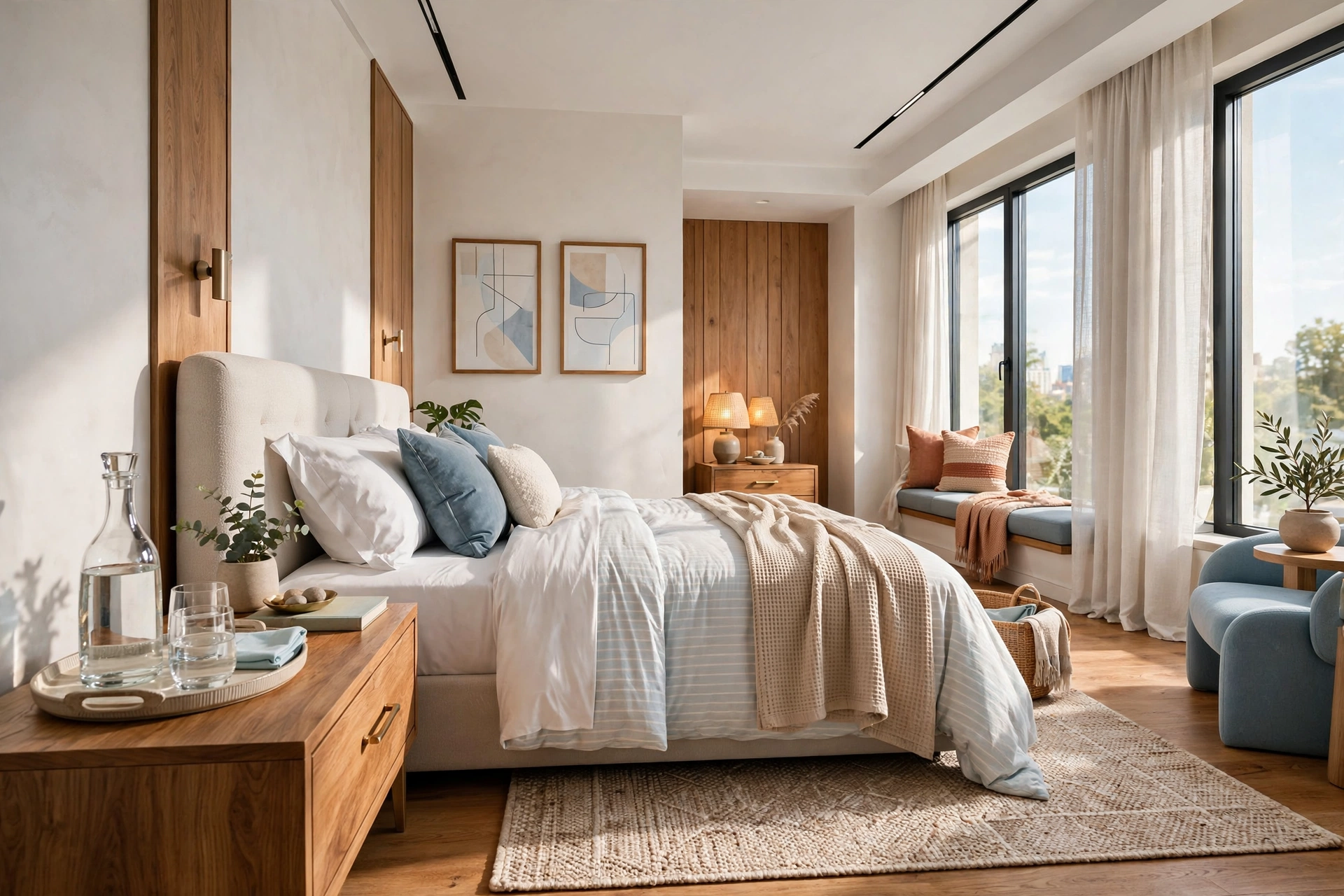 Nightstand tray with water carafe and glasses in a hotel-style bedroom, entire room visible