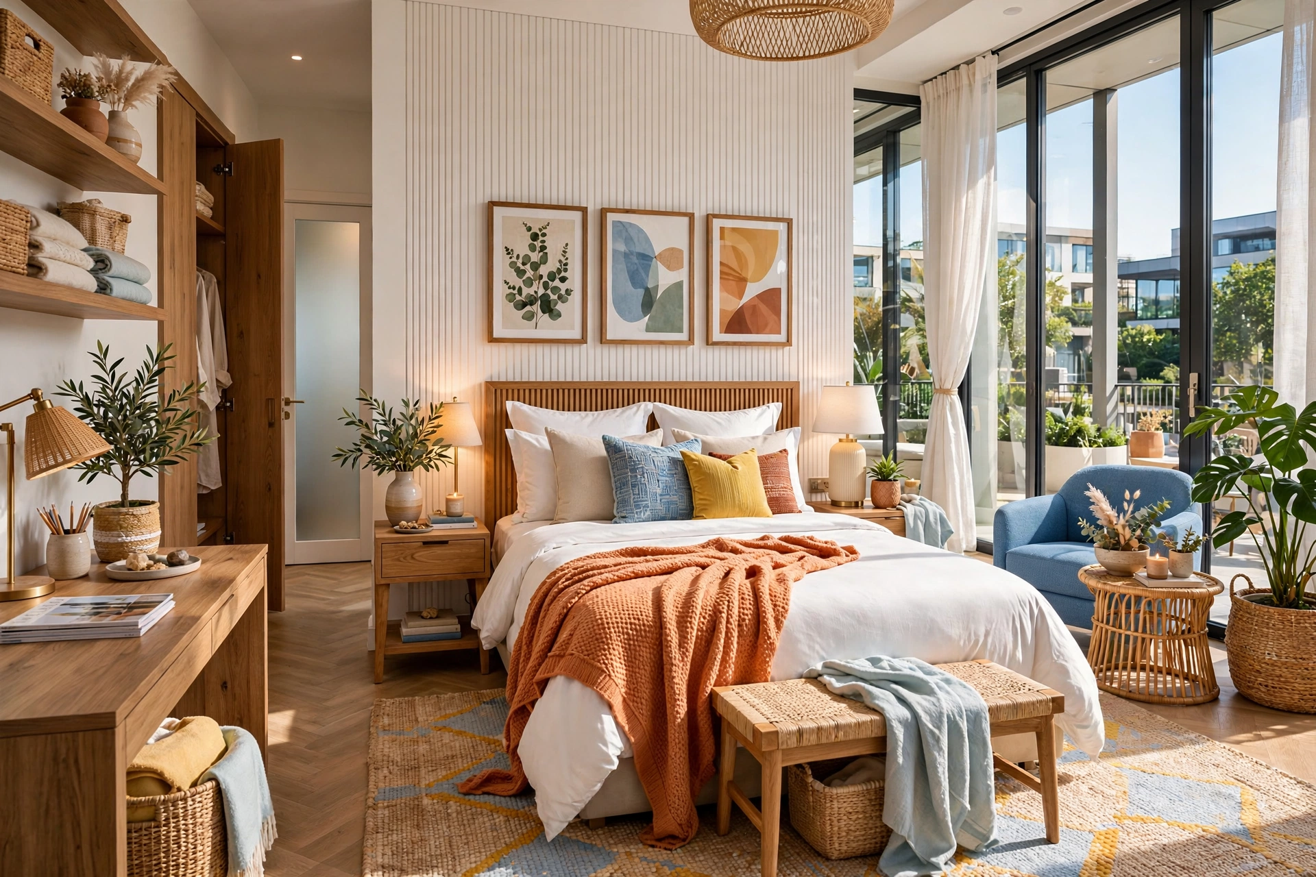 Inviting bed with a draped cashmere-style throw across the foot, entire room visible