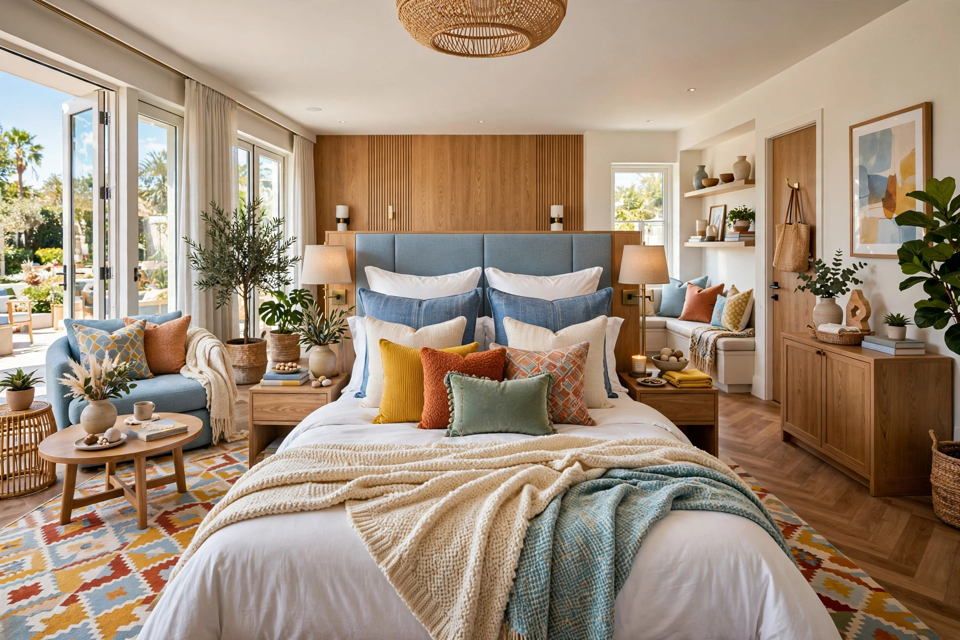 Hotel-style bed with abundant layered pillows: sleeping pillows, Euro shams and cushions, entire room visible