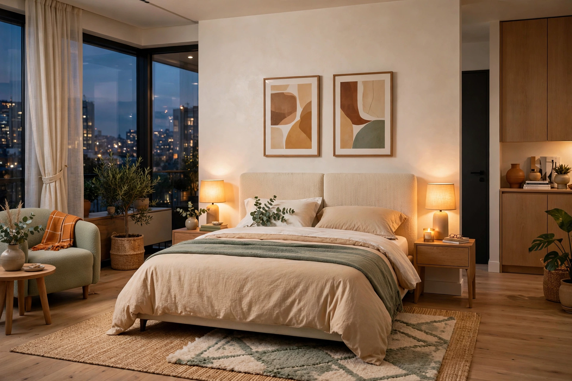 Evening bedroom scene with turned-down bed, dimmed lamps and eucalyptus on the pillow, entire room visible