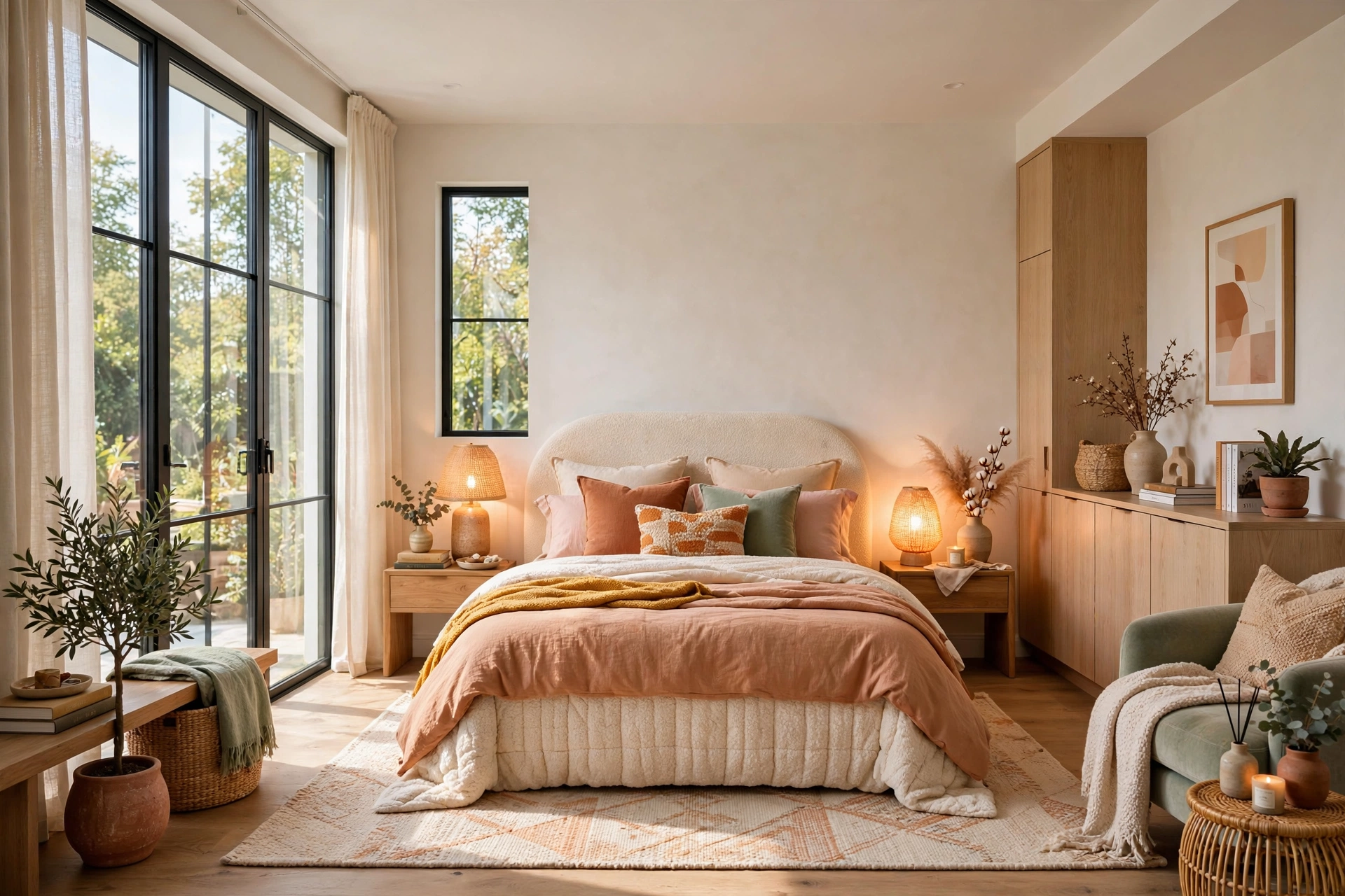 Dreamy cozy bedroom with warm layers and glowing lamps that you'll never want to leave, entire room visible wall-to-wall