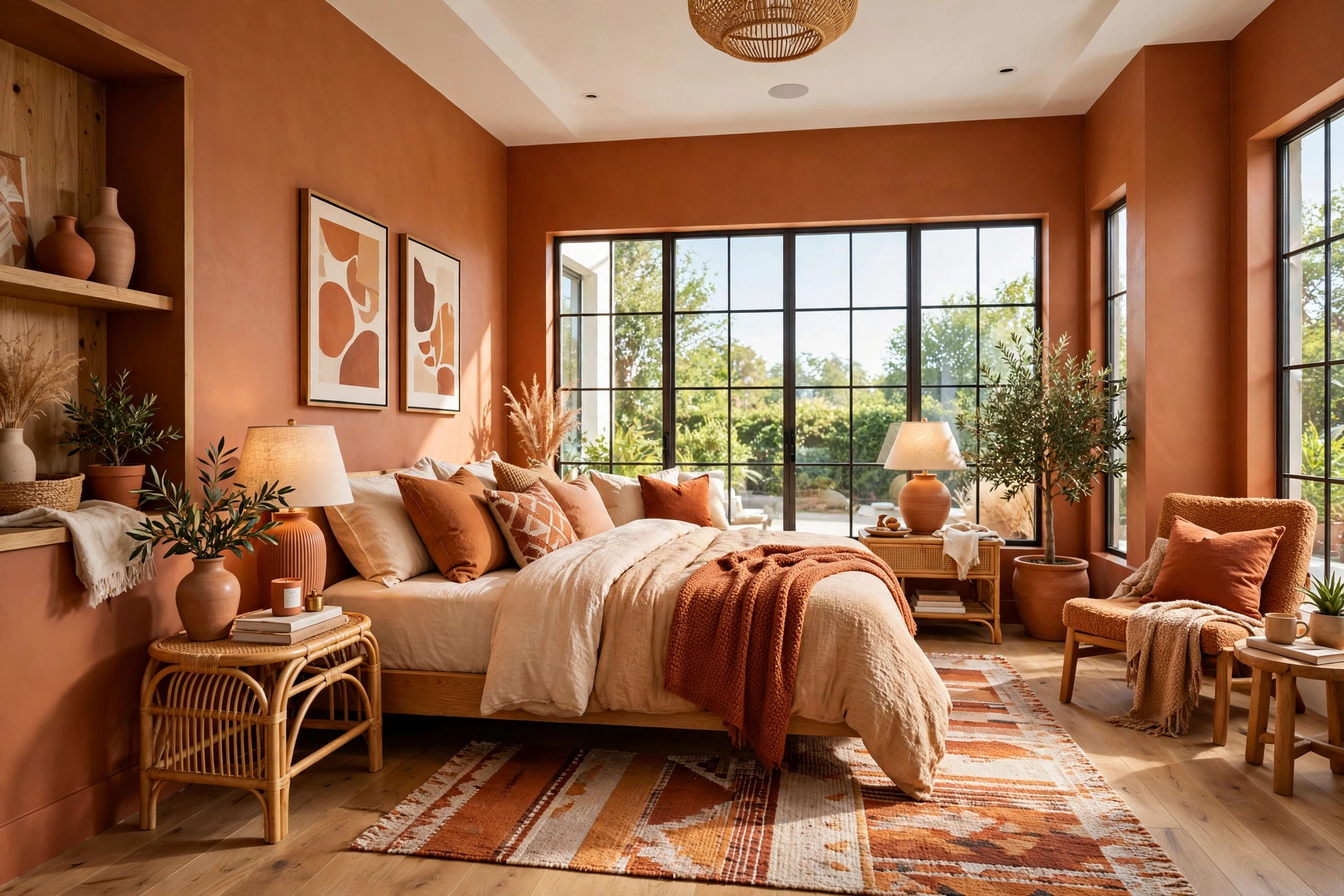 Cozy bedroom wrapped in warm caramel and terracotta tones, entire room visible wall-to-wall