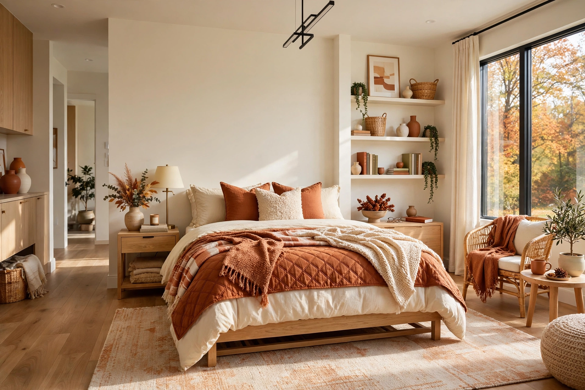 Bed layered with autumnal weight: duvet, quilt and throws in warm tones, entire room visible