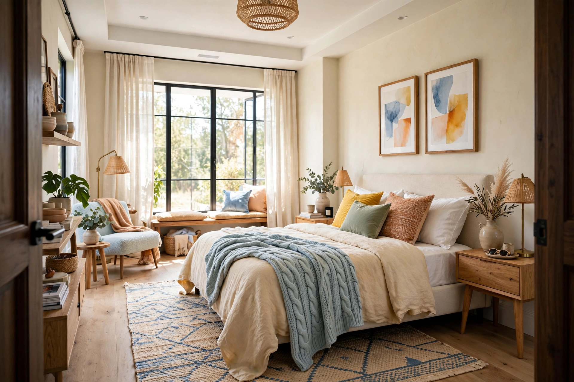 Chunky knit throw draped over the foot of a cozy bed, visible from the doorway, entire room visible