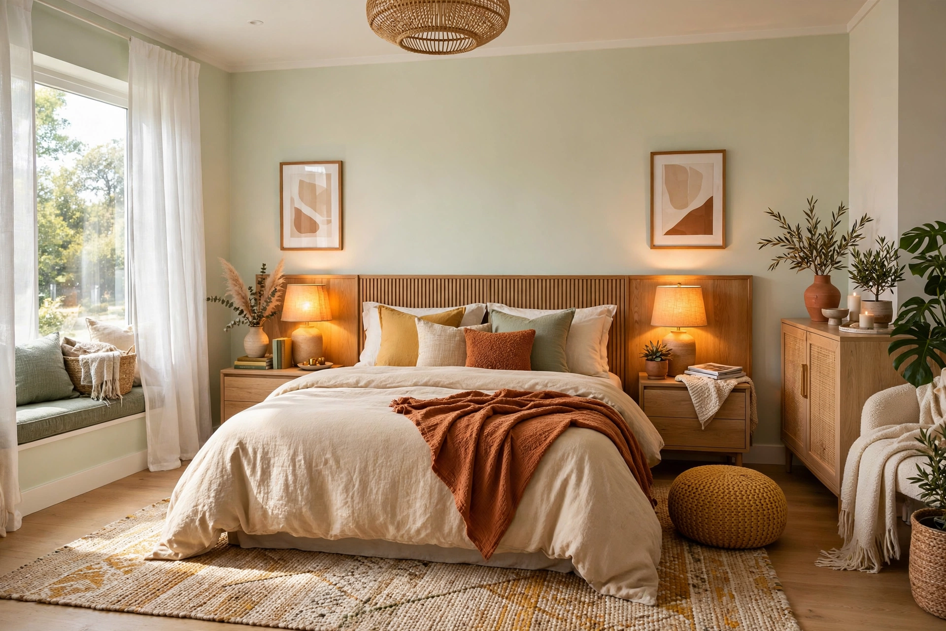 Cozy bedroom glowing with warm bedside lamps with fabric shades, entire room visible