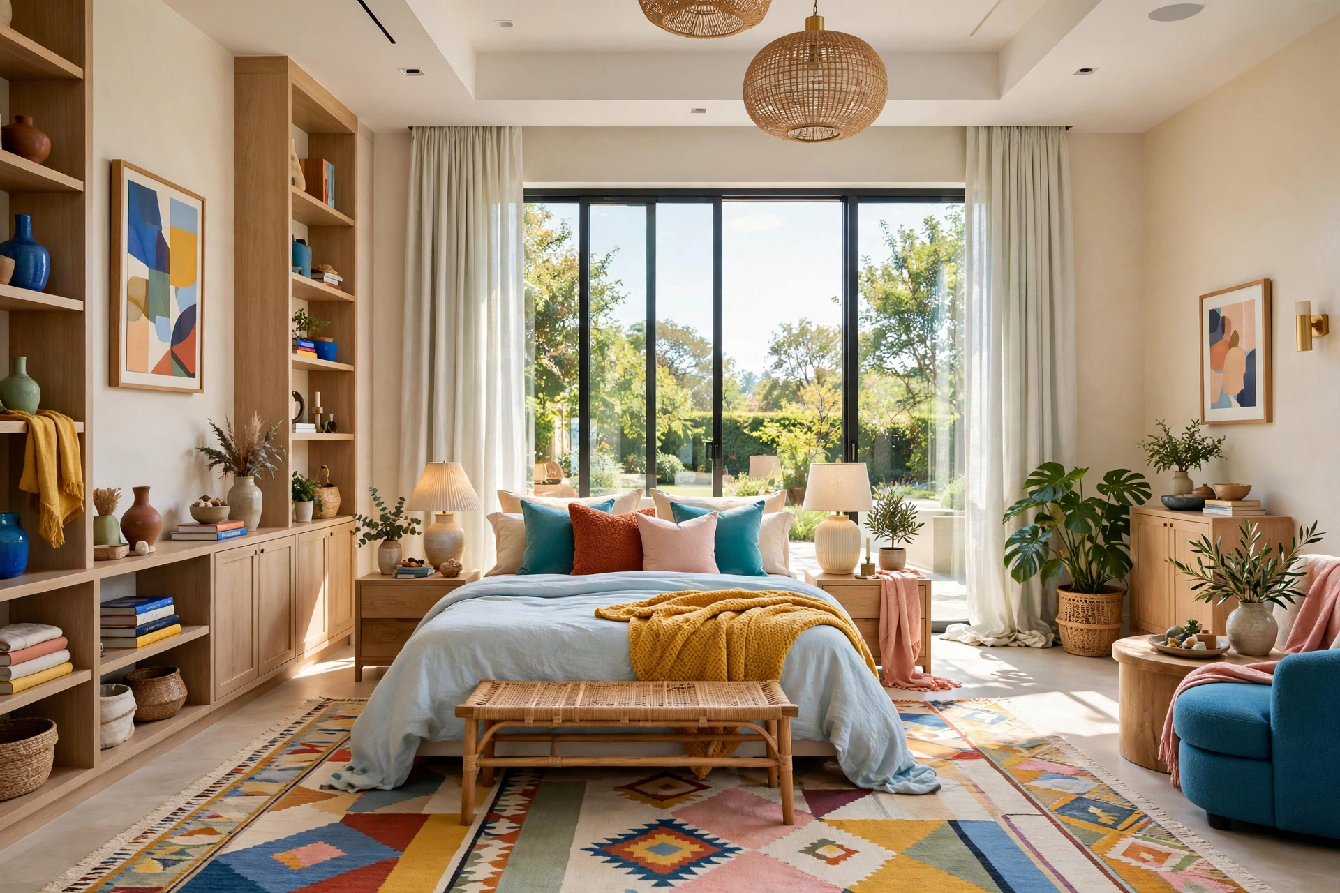 Bedroom with long curtains pooling softly on the floor, entire room visible wall-to-wall