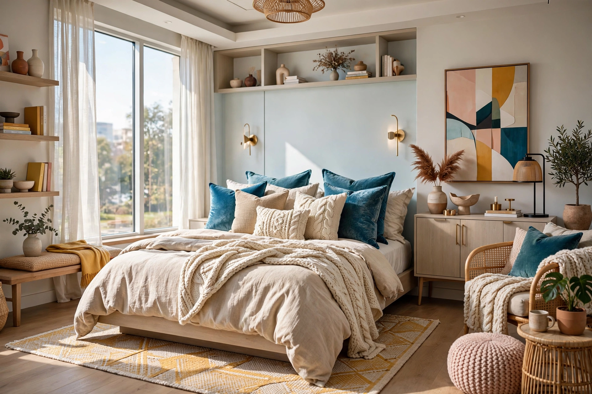 Bed piled with pillows in three textures: velvet, linen and knit, entire room visible