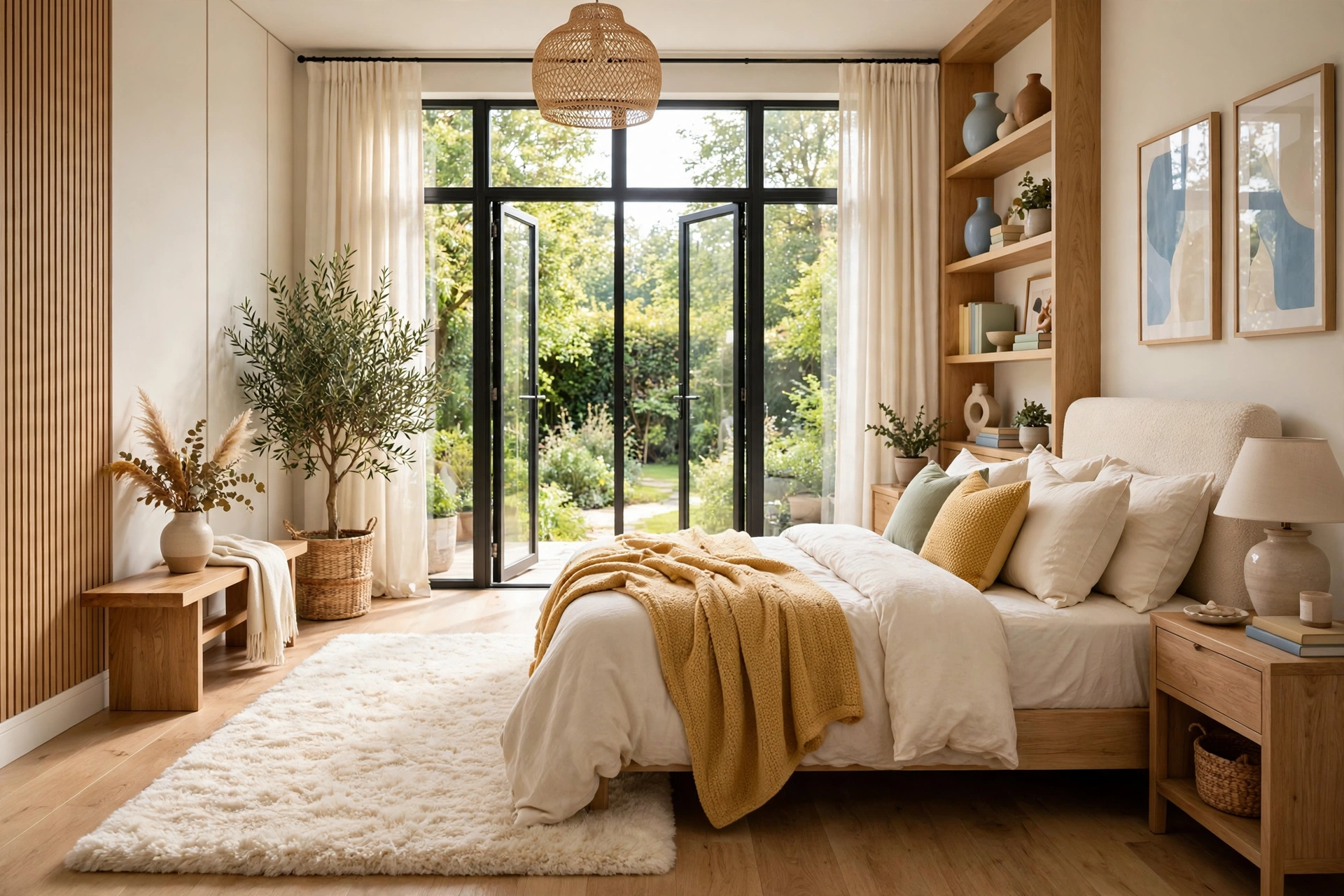 Soft plush rug beside a cozy bed for bare feet in the morning, entire room visible