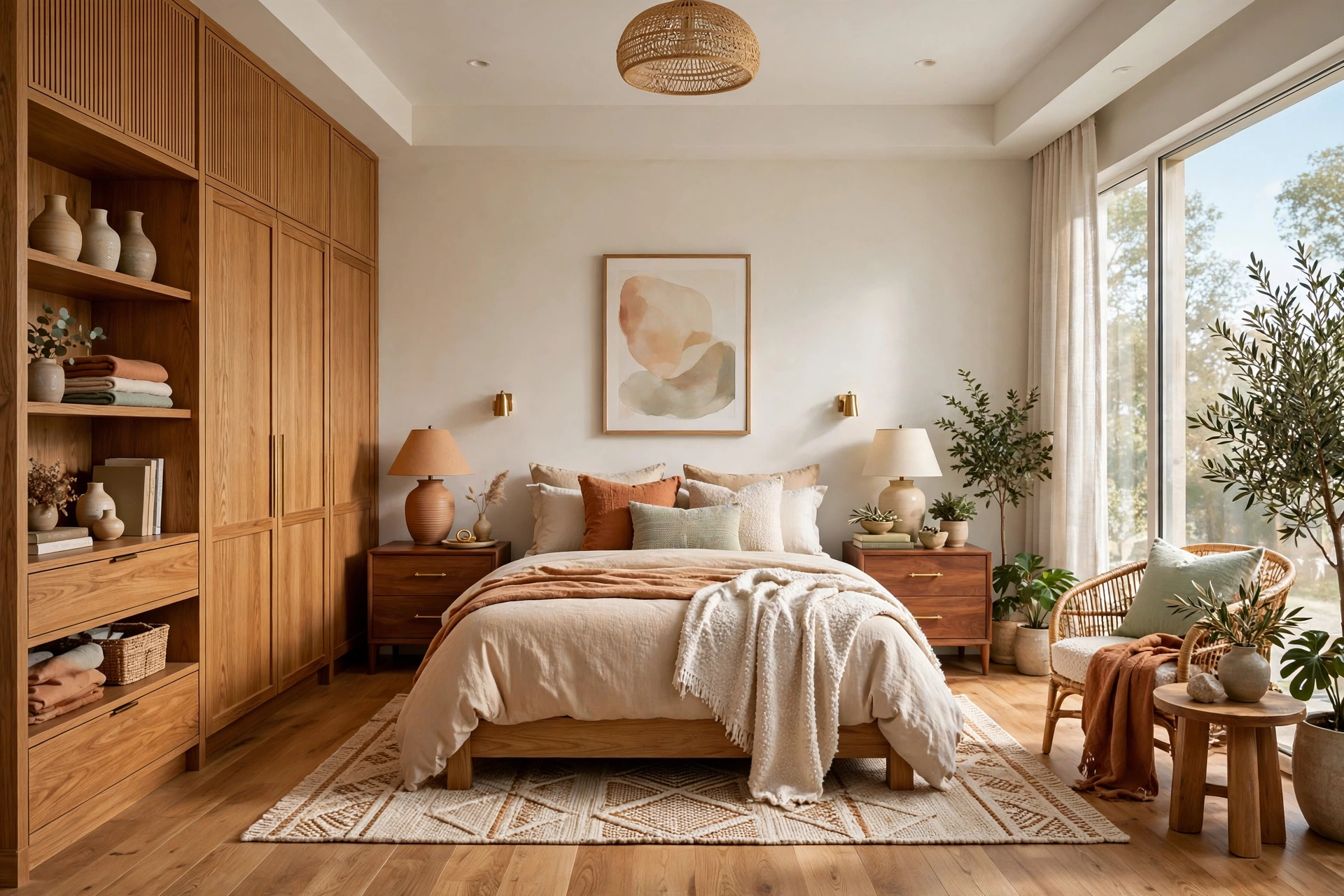 Cozy bedroom with warm walnut wood nightstands and honeyed oak accents, entire room visible