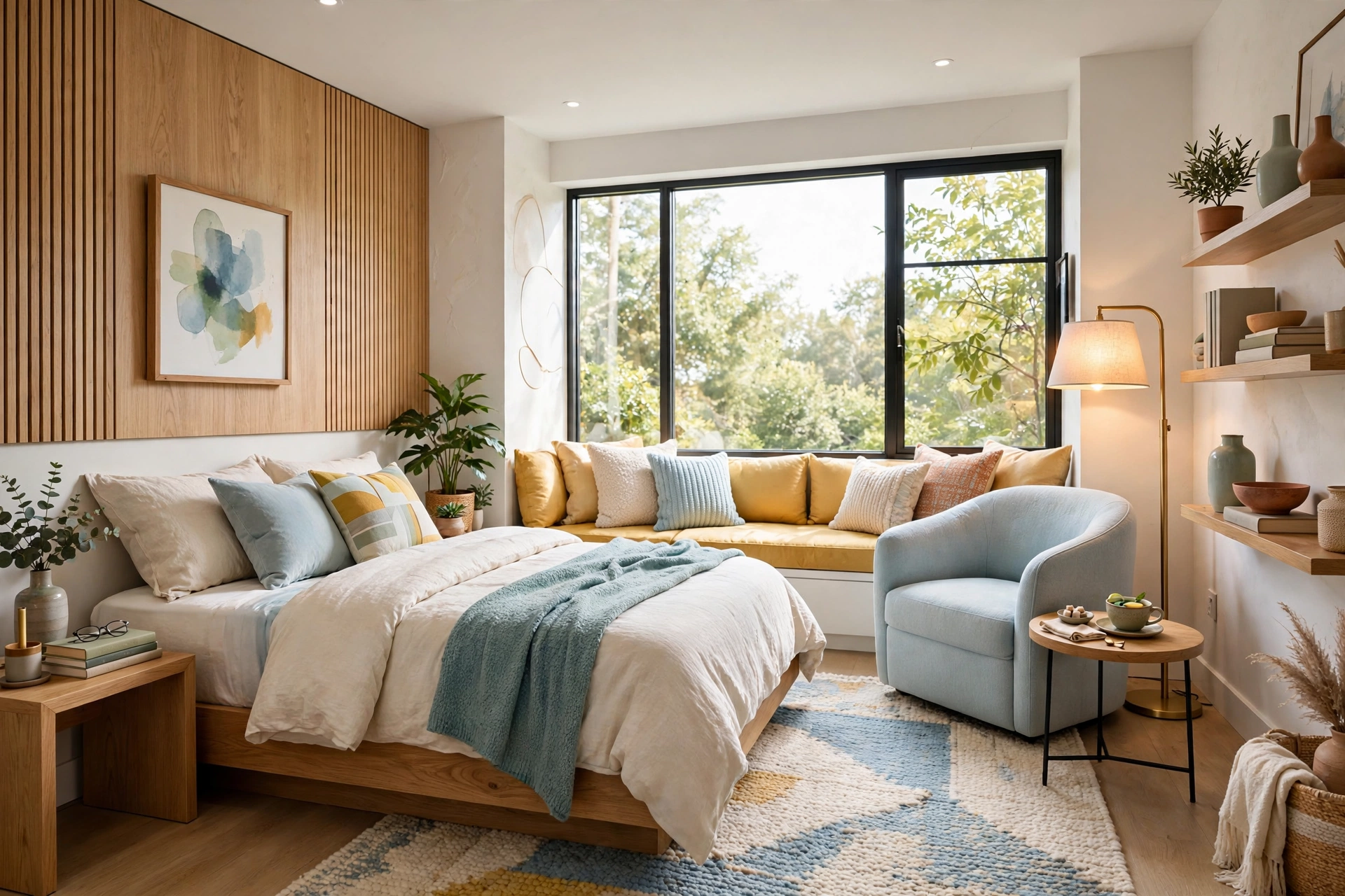 Window reading nook with a comfortable chair, lamp and side table in a cozy bedroom, entire room visible