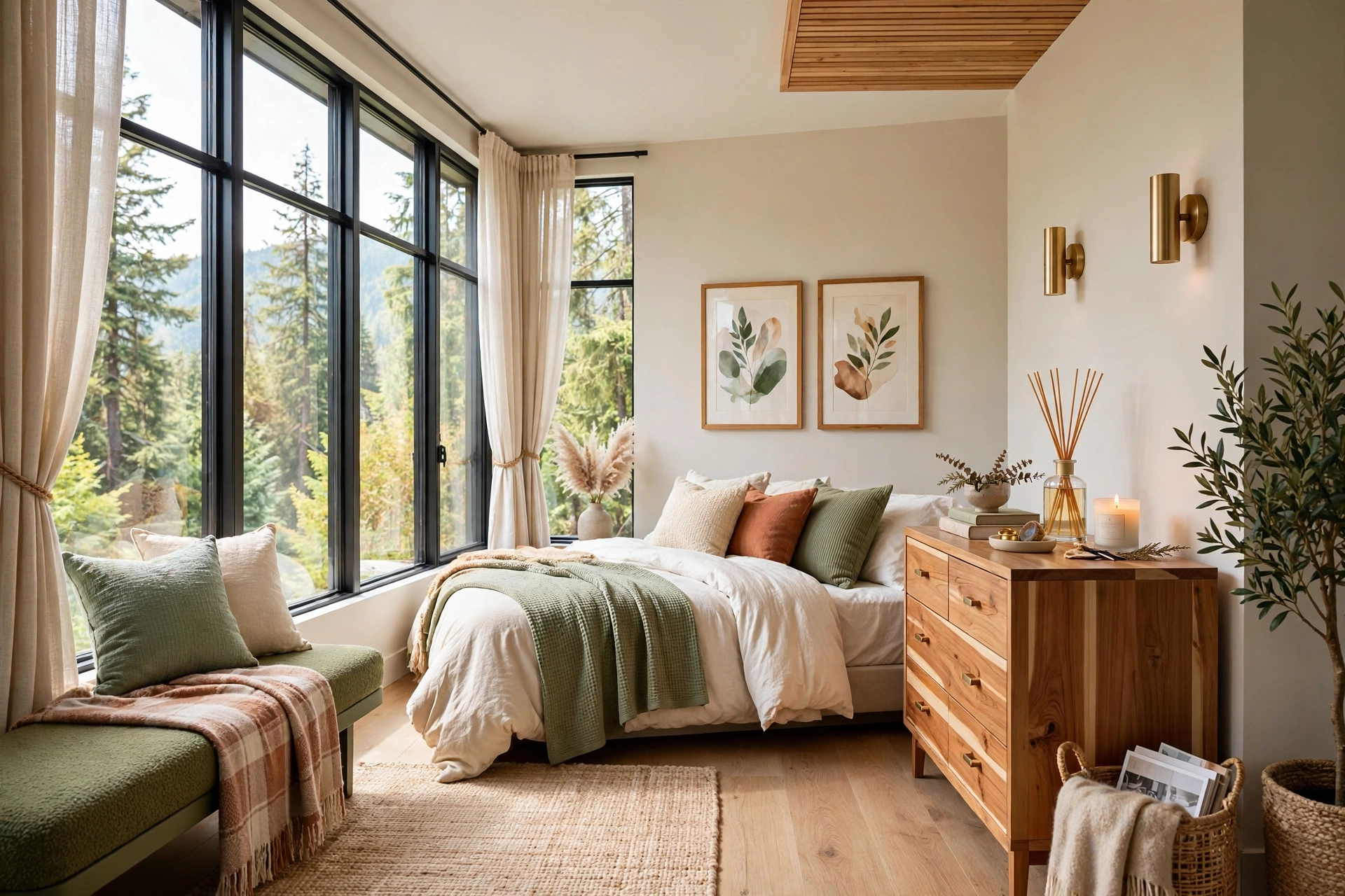 Bedroom dresser with cedar diffuser and vanilla candle for cabin-retreat scent, entire room visible