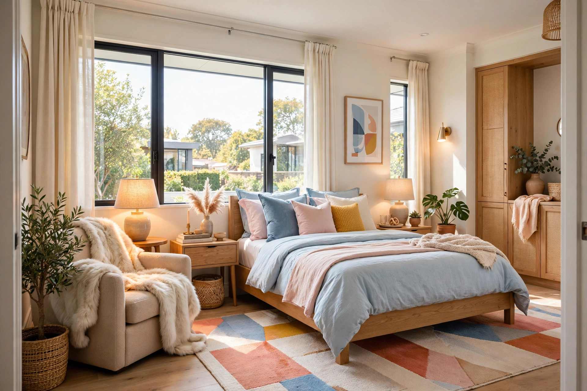 Faux-fur throw draped over a cozy bedroom chair catching lamplight, entire room visible