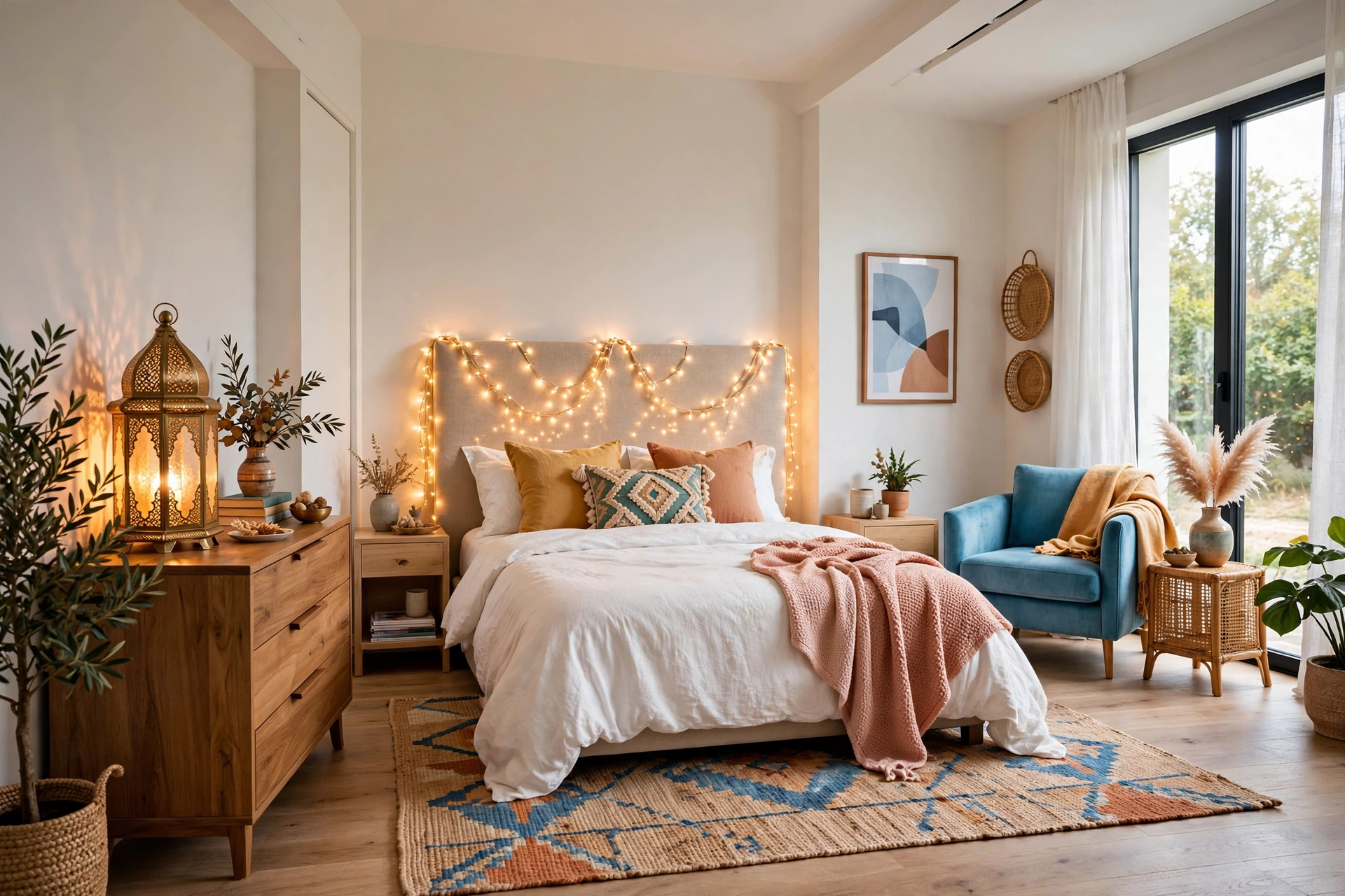 Bedroom headboard draped with warm fairy lights and a glowing lantern, entire room visible