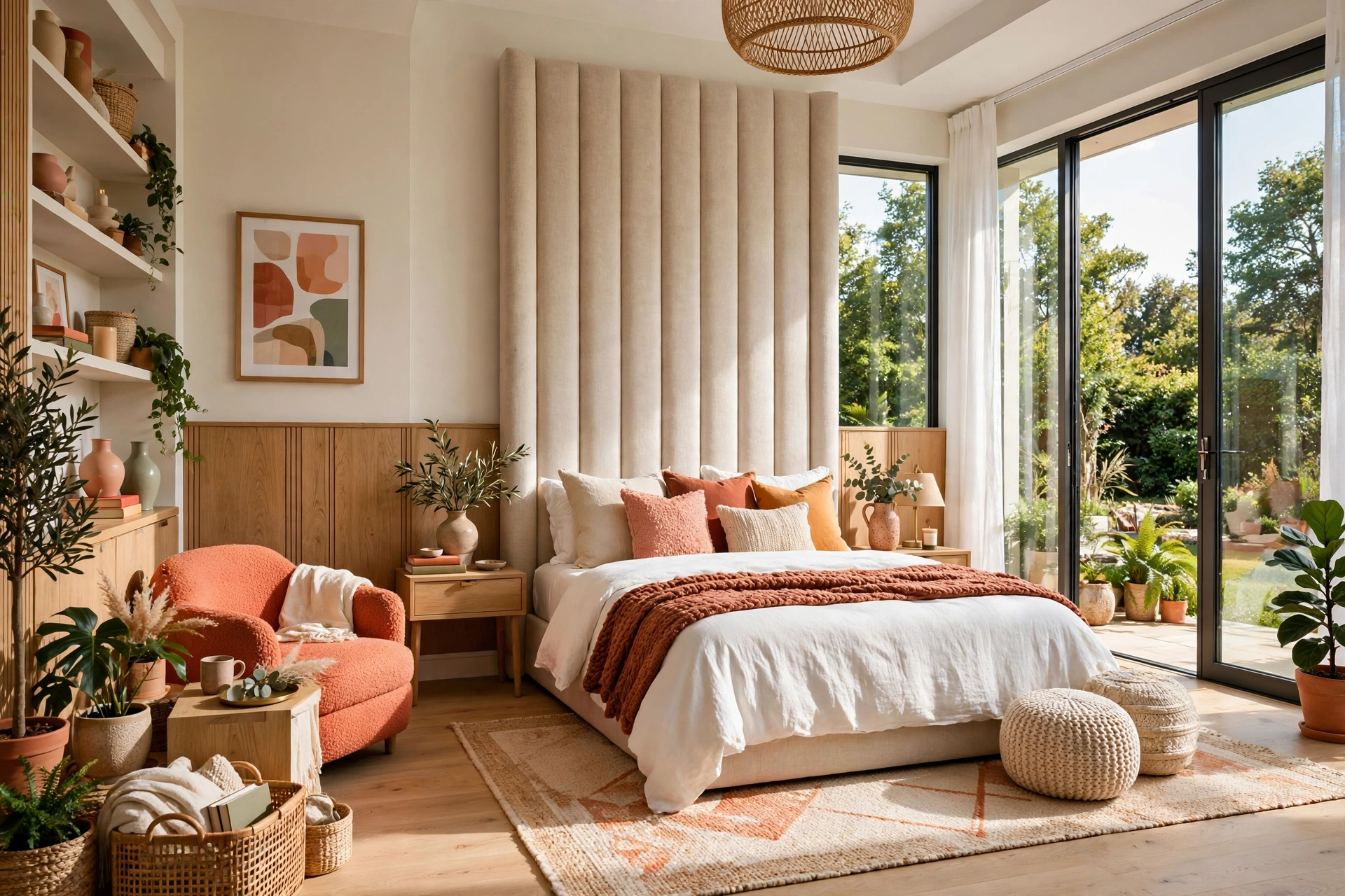 Bed with a tall upholstered linen headboard perfect for leaning against, entire room visible