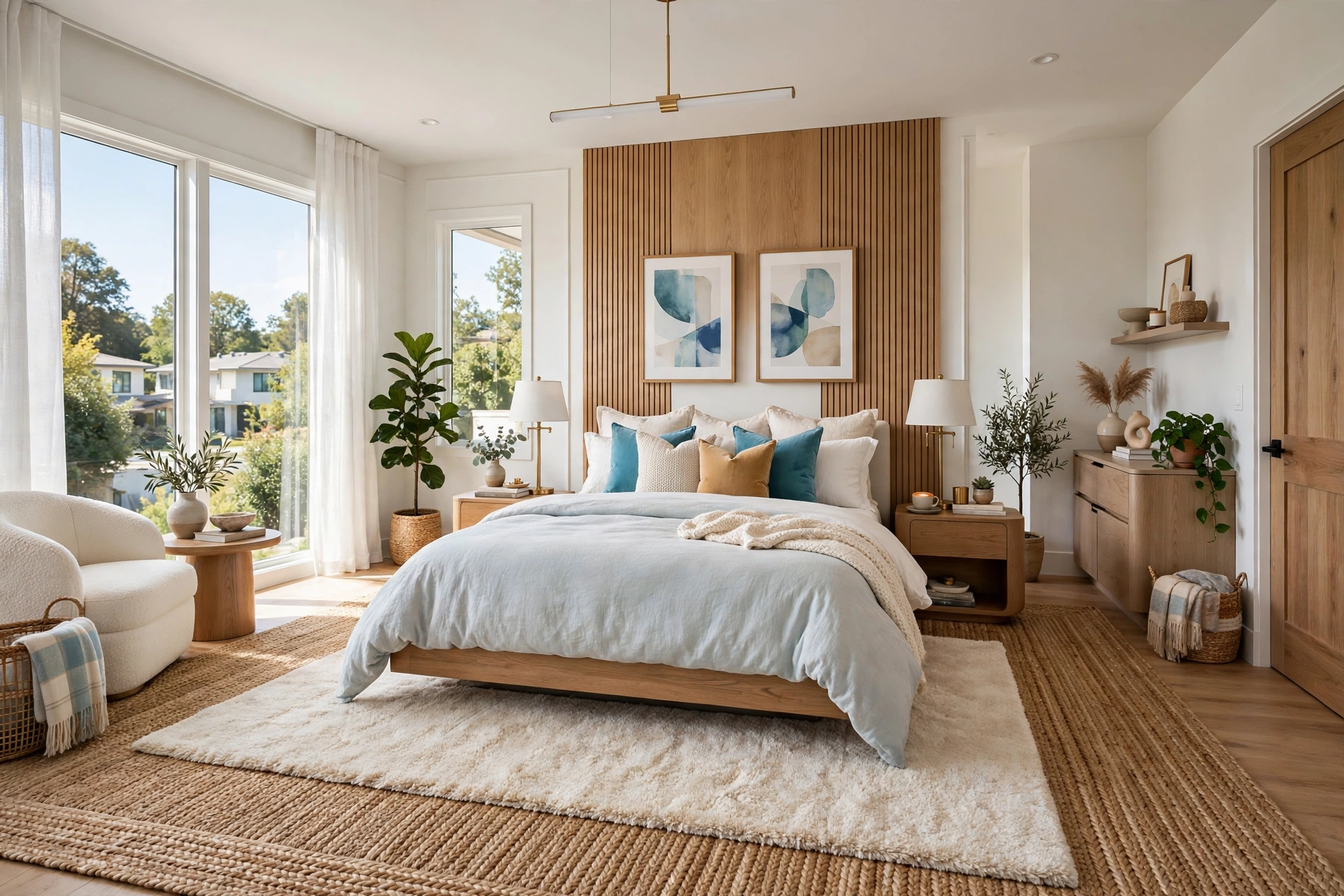 Bedroom with two layered rugs: jute base and plush top rug, entire room visible