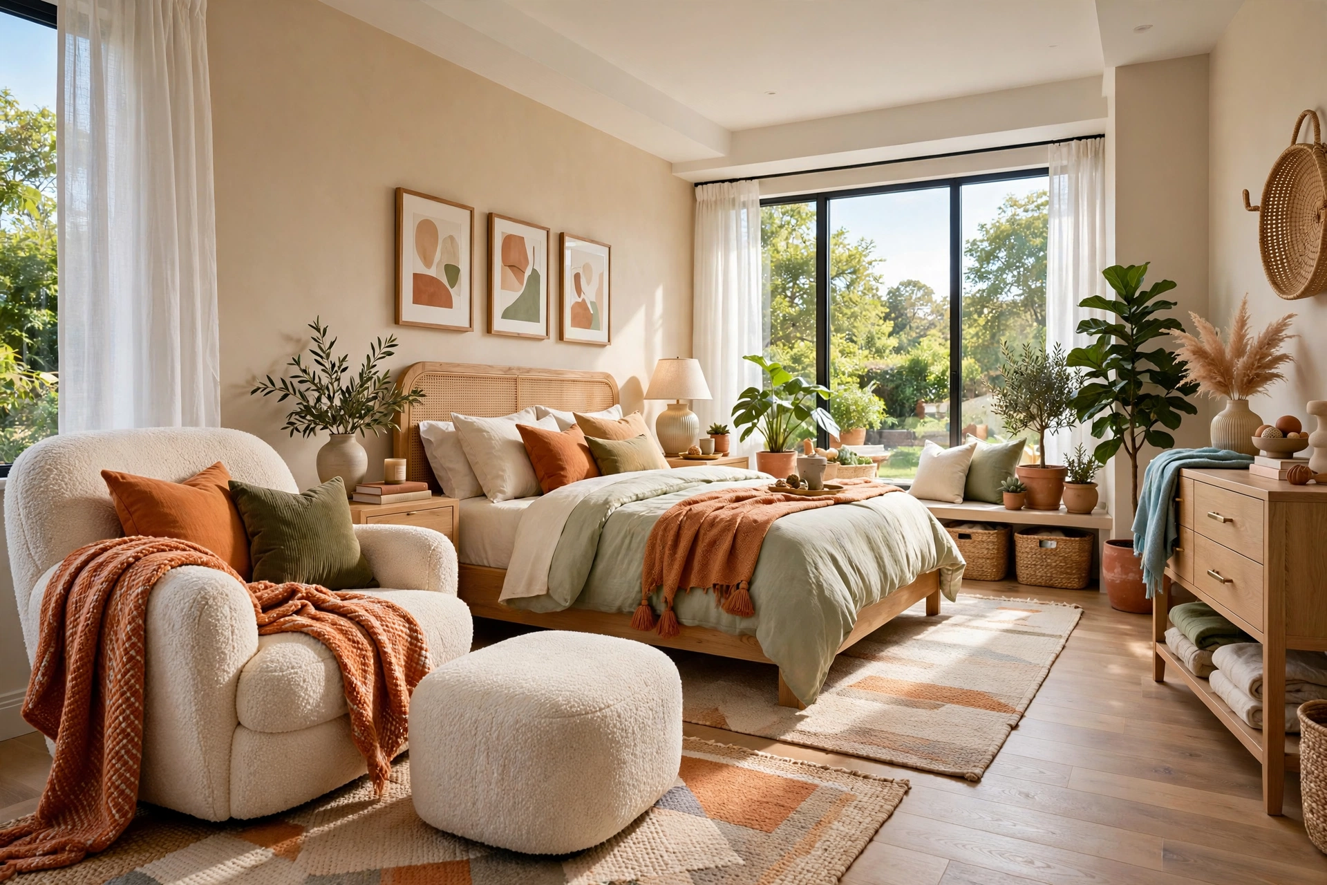 Oversized cozy bouclé reading chair with ottoman in a warm bedroom, entire room visible