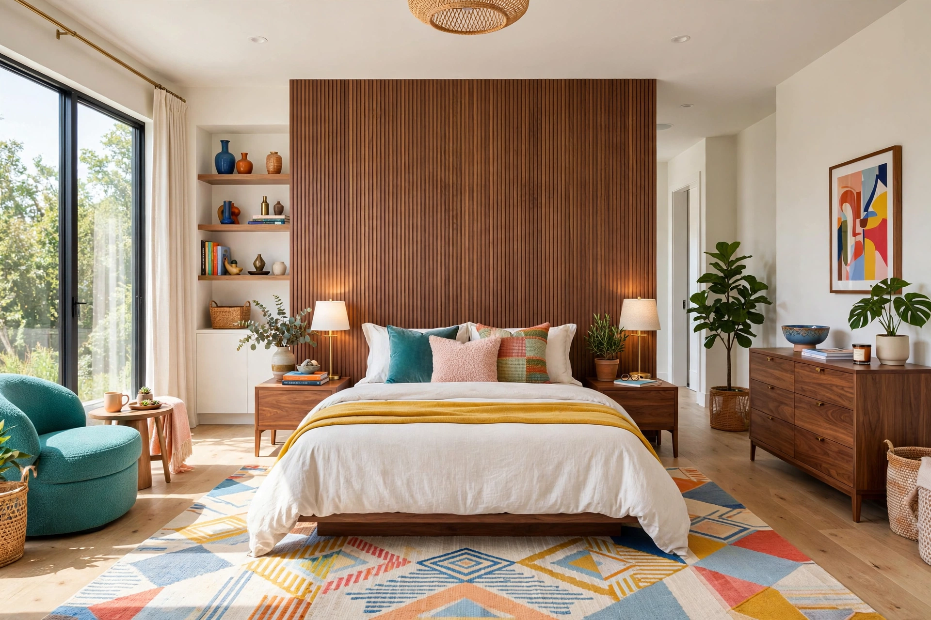 Bedroom with a warm wood-slat accent wall behind the bed, entire room visible