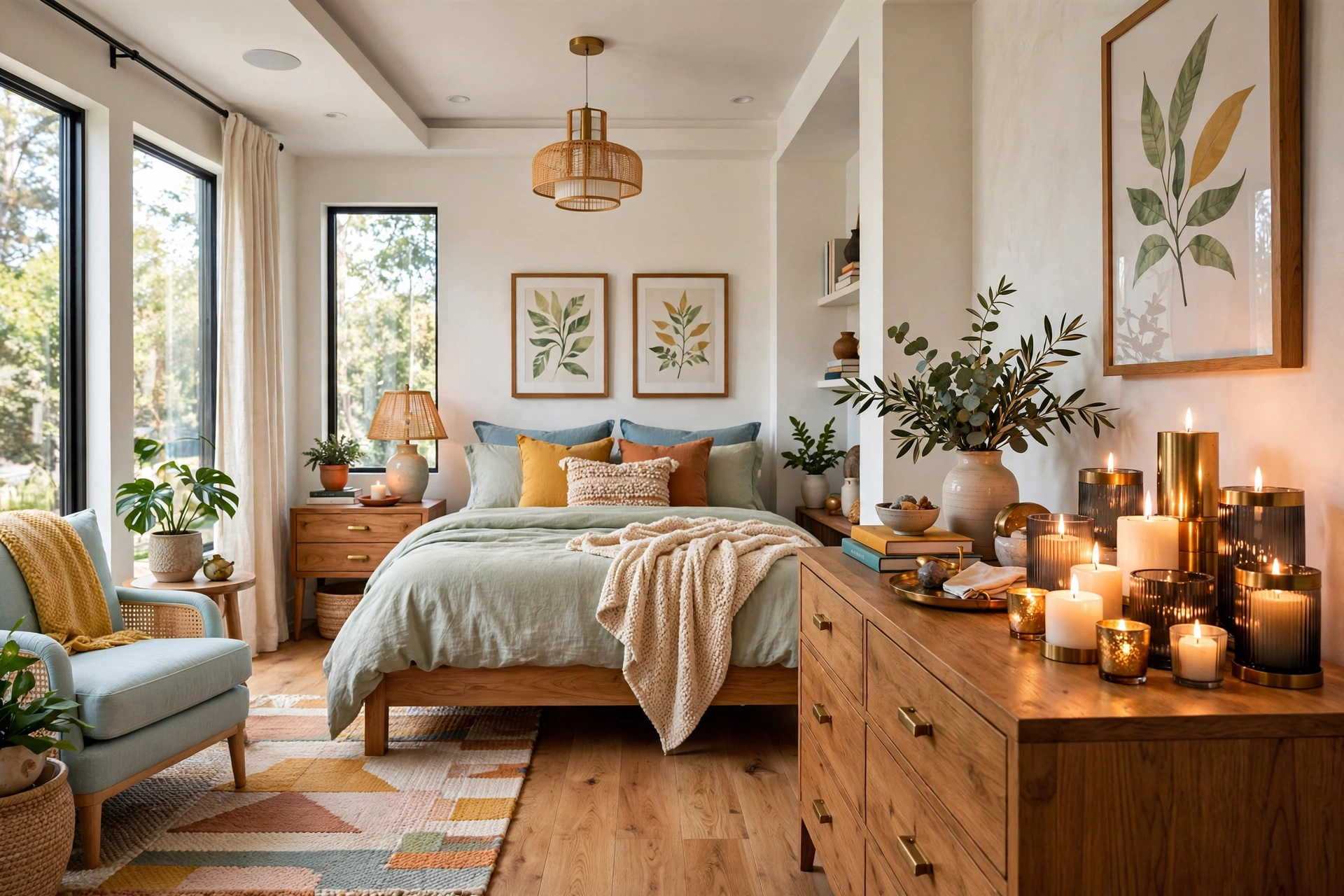 Cluster of candles in brass and glass holders glowing on a bedroom dresser, entire room visible