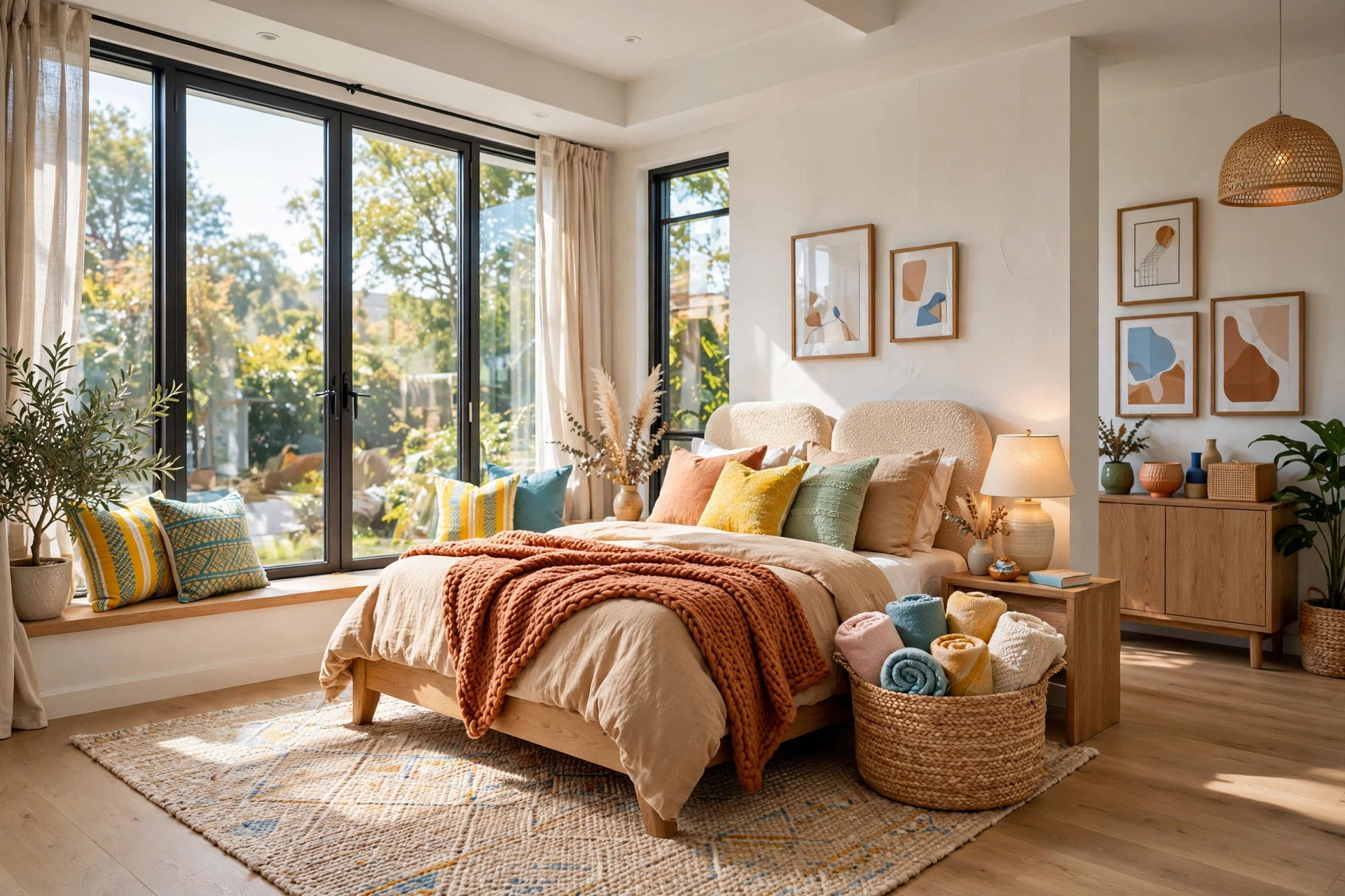 Woven seagrass basket filled with rolled throws beside a cozy bed, entire room visible