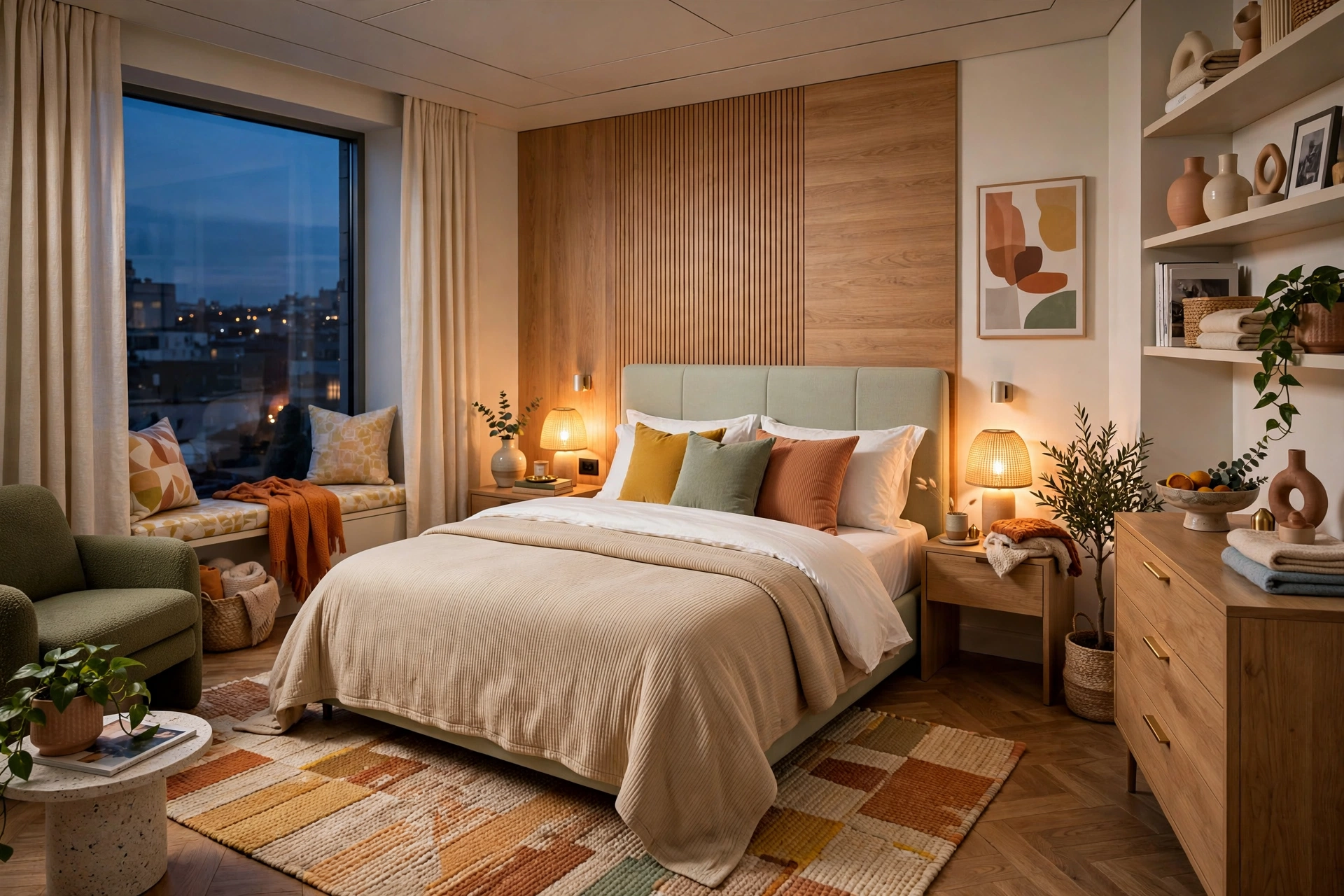 Evening bedroom wind-down scene with dimmed lamps and folded-back duvet, entire room visible