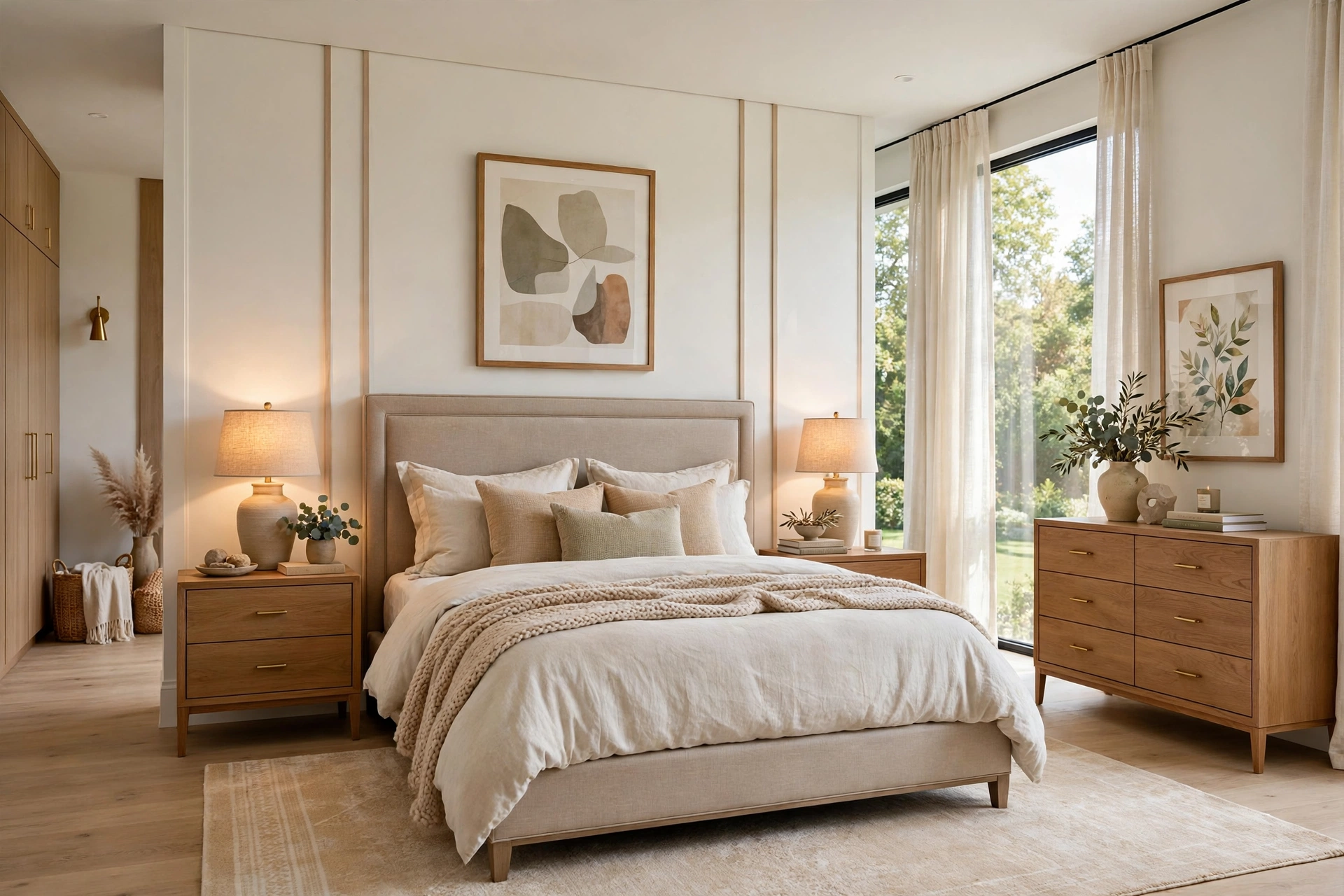 Bright elegant master bedroom with upholstered bed, matching nightstands and sheer curtains, entire room visible wall-to-wall