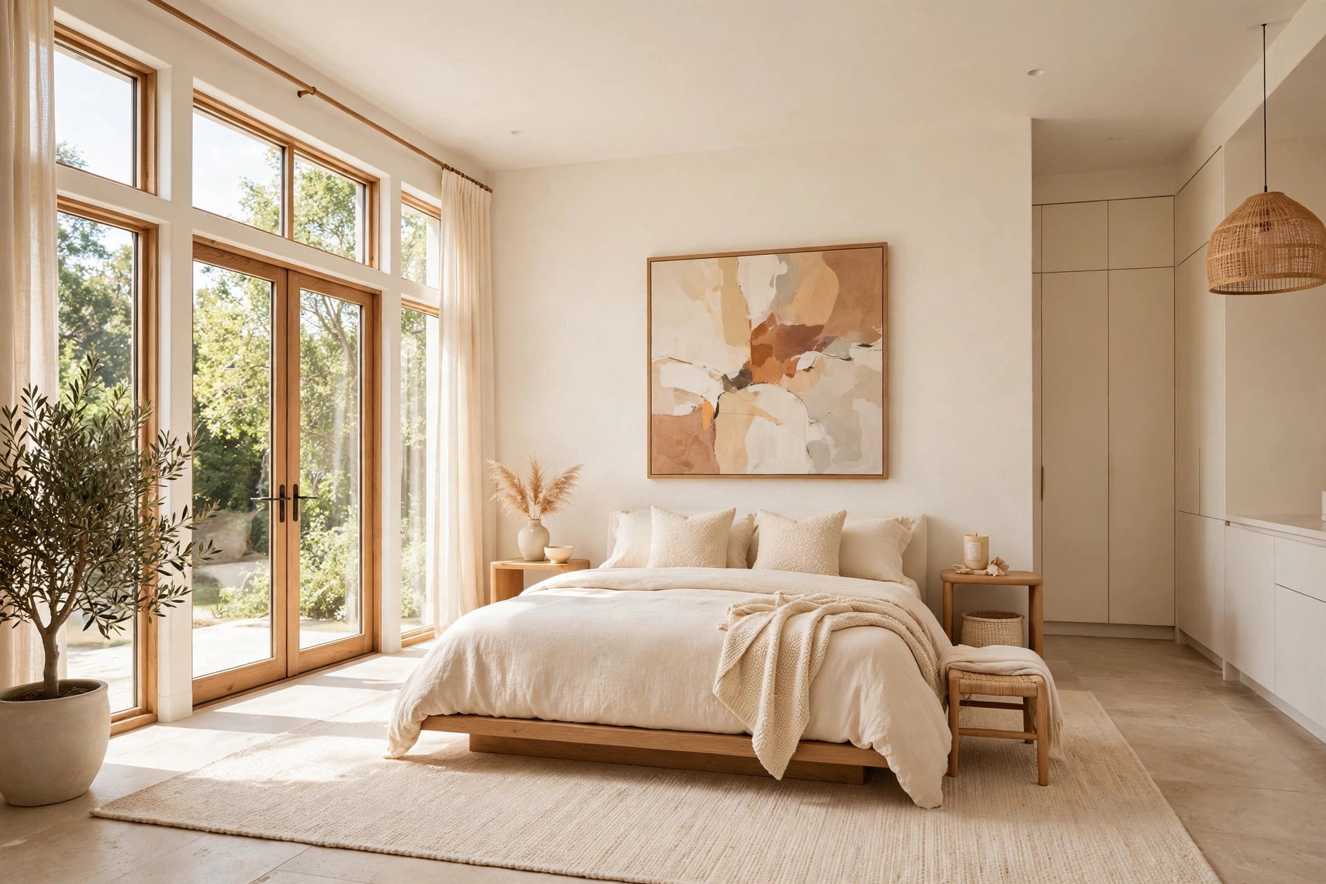 Soft minimalist master bedroom in warm white with low platform bed, entire room visible wall-to-wall