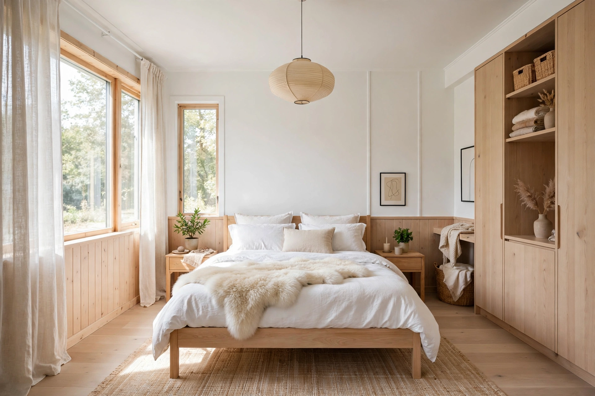 Scandinavian master bedroom in white and pale wood with sheepskin throw, entire room visible wall-to-wall