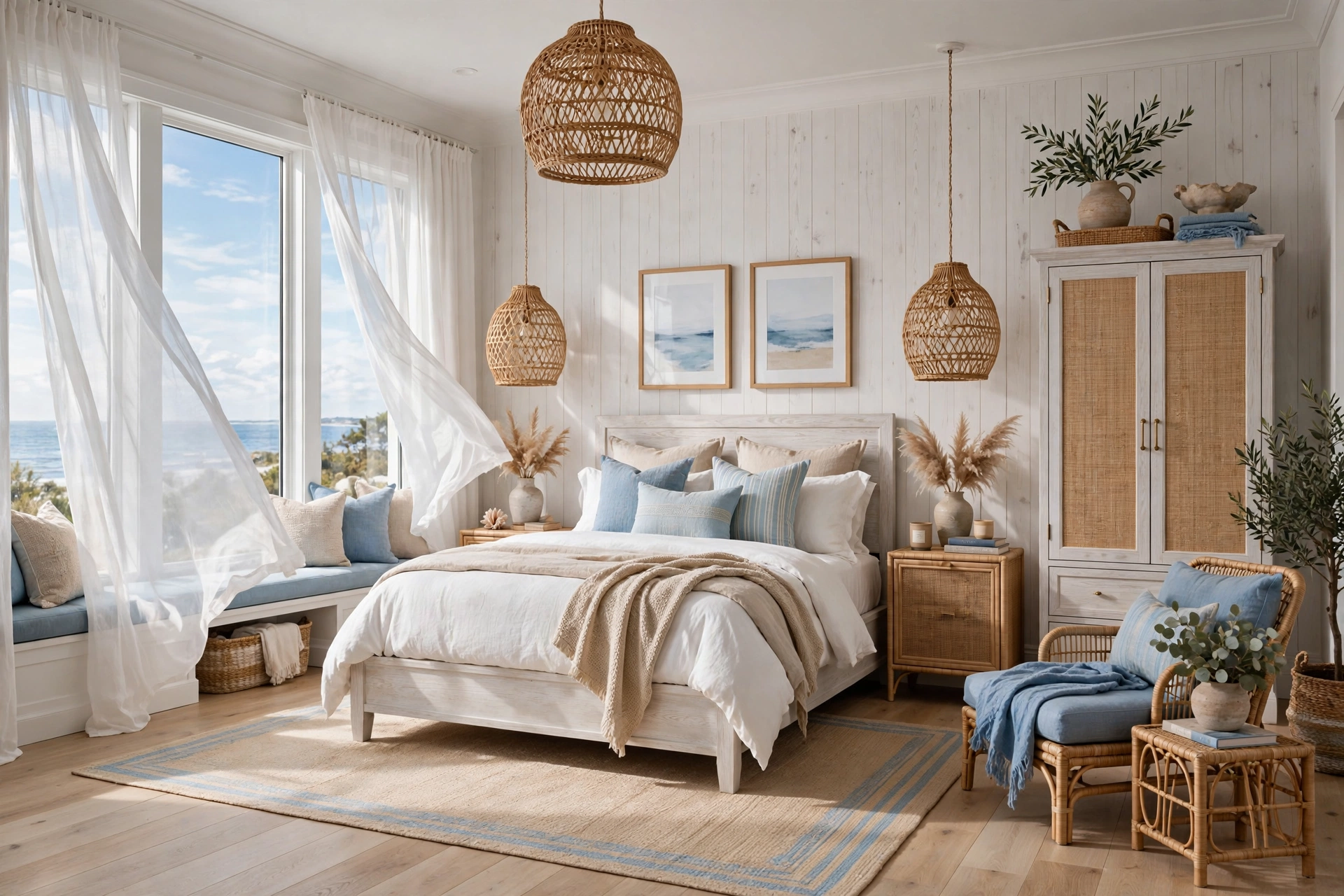 Coastal master bedroom in white, sand and soft blue with rattan accents, entire room visible wall-to-wall