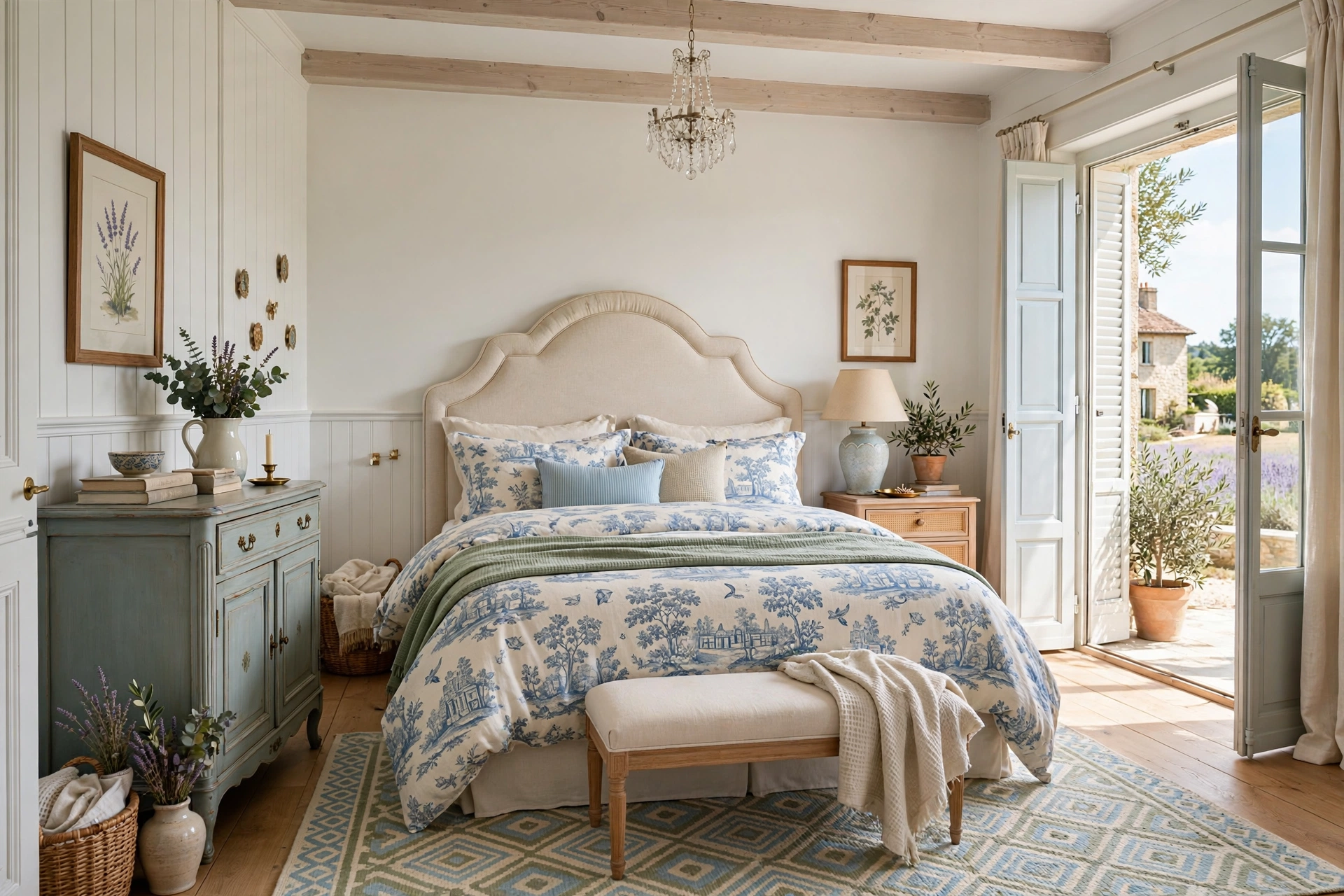 French country master bedroom with curved upholstered headboard and crystal chandelier, entire room visible