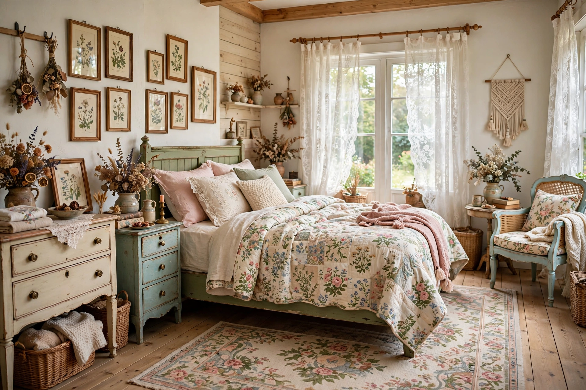 Cottagecore master bedroom with floral quilts and vintage painted furniture, entire room visible