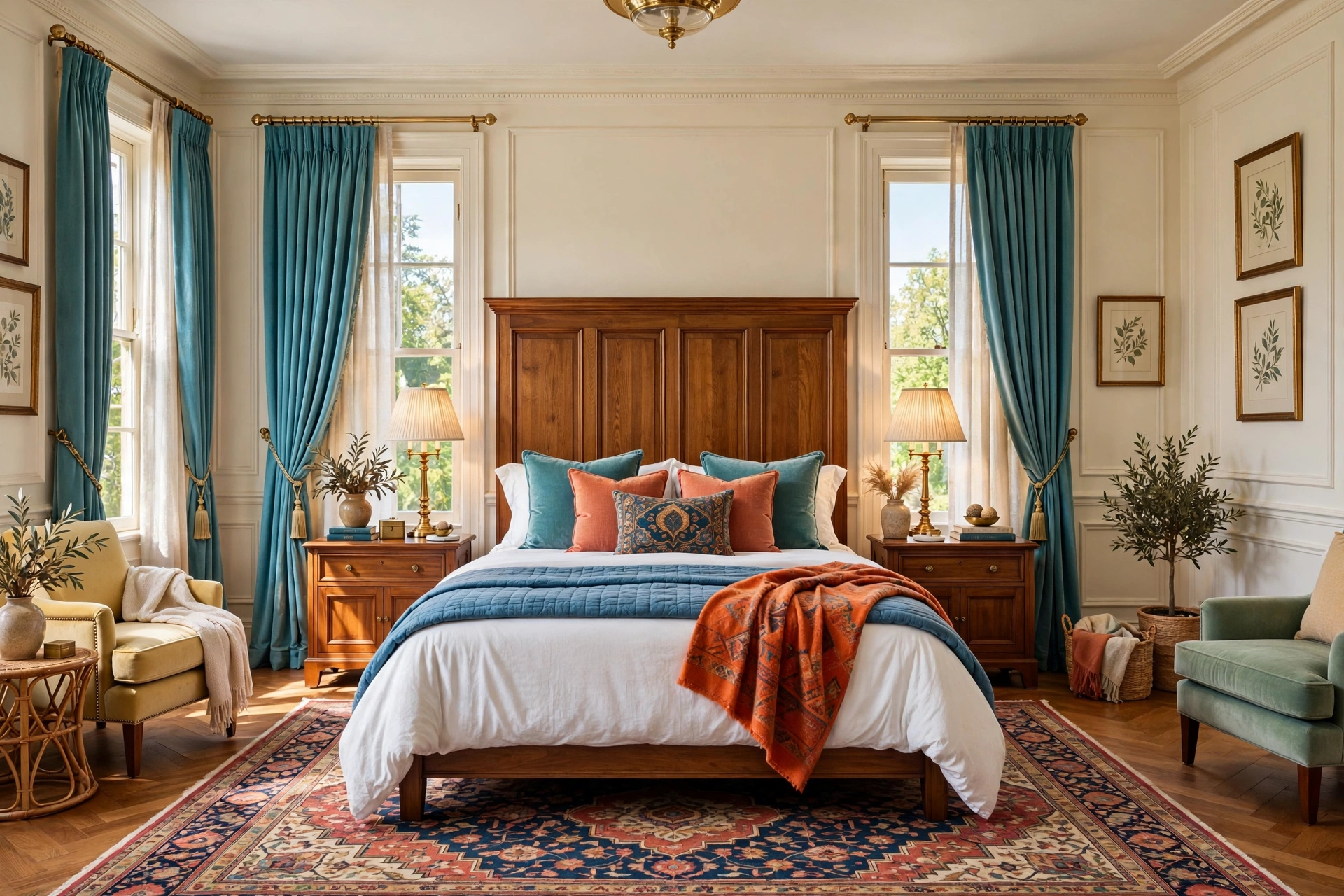 Classic traditional master bedroom with paneled headboard and symmetric nightstands, entire room visible