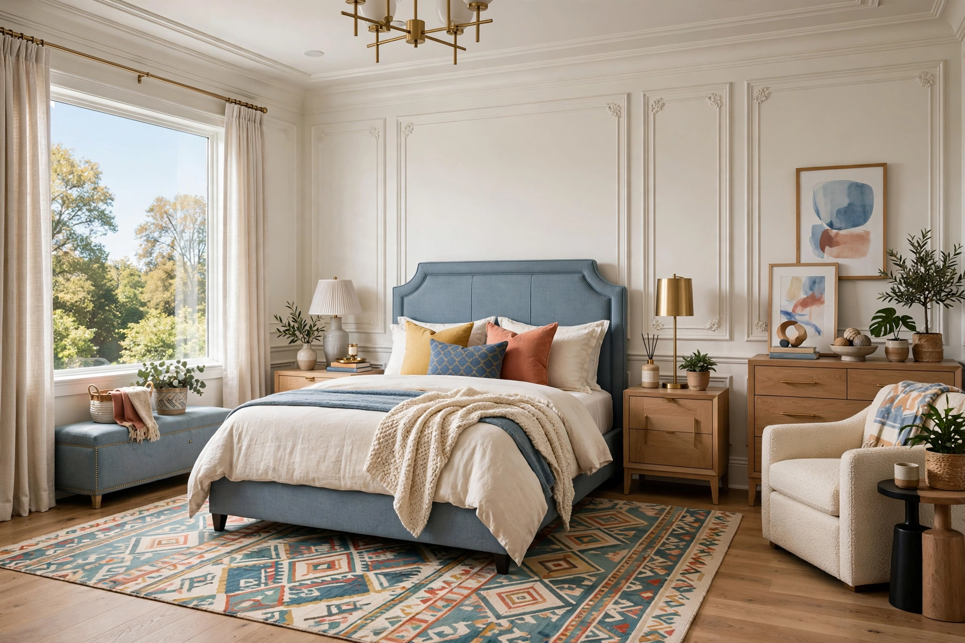 Transitional master bedroom blending classic and modern in warm neutrals, entire room visible wall-to-wall