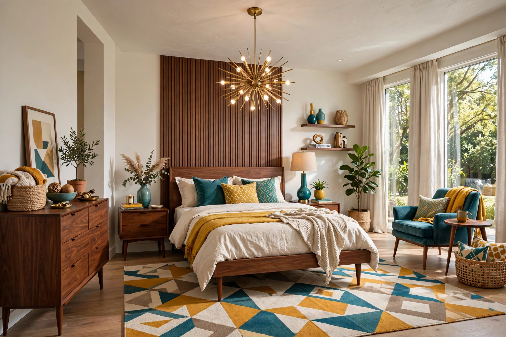 Mid-century modern master bedroom with walnut furniture and geometric rug, entire room visible