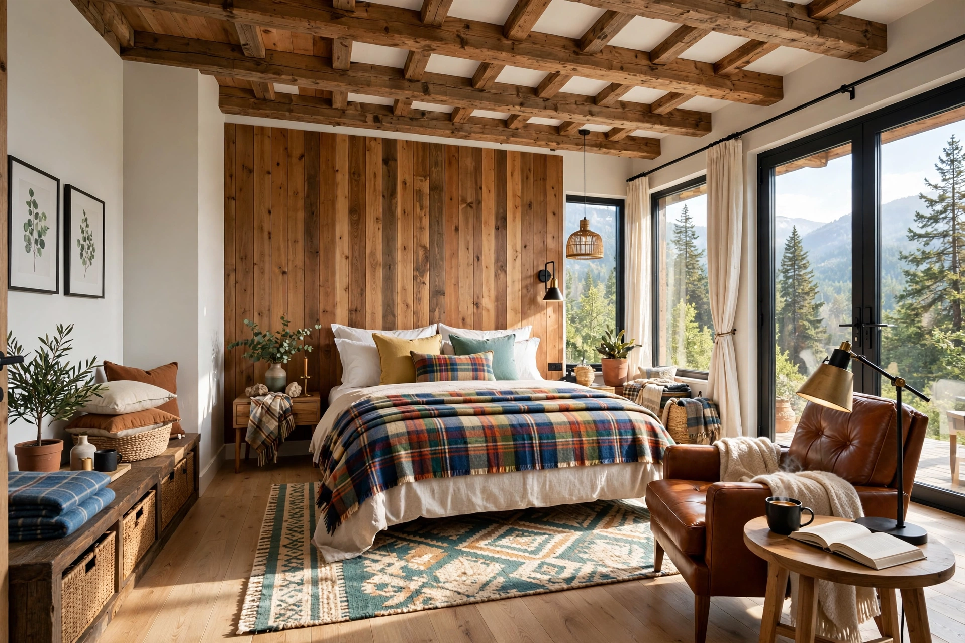 Rustic lodge master bedroom with wood beams and plaid wool bedding, entire room visible wall-to-wall