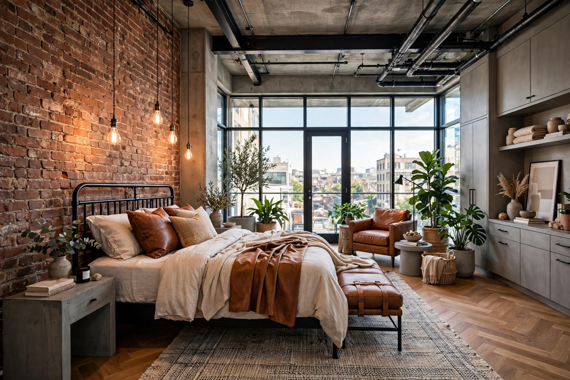 Industrial loft master bedroom with exposed brick wall and black metal bed frame, entire room visible
