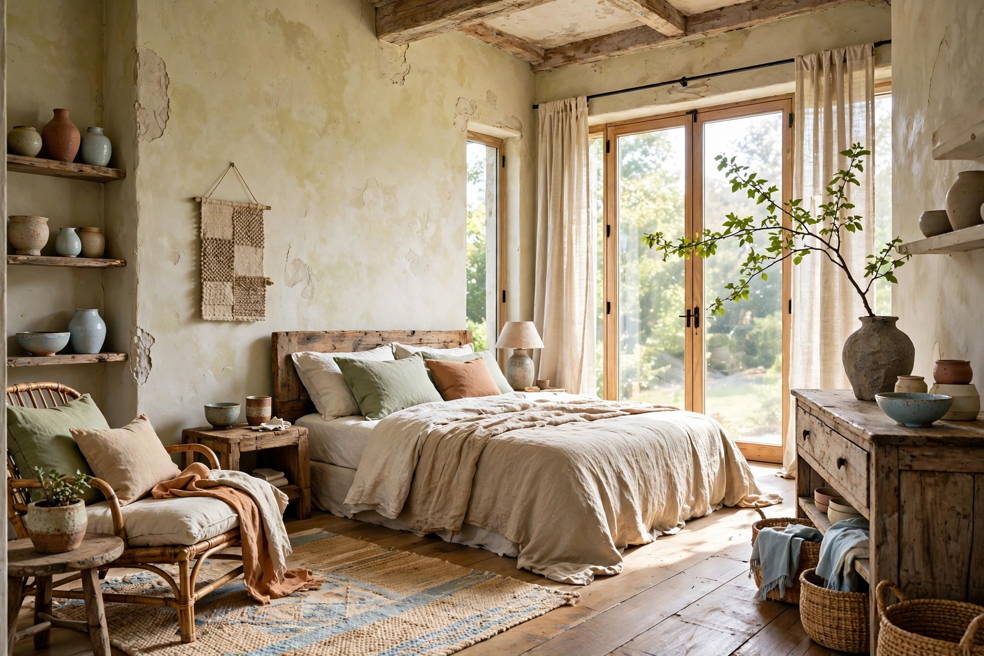 Wabi-sabi master bedroom with raw linen bedding and handmade ceramics, entire room visible