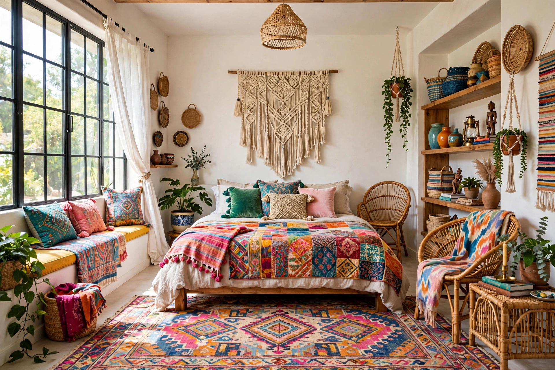 Bohemian master bedroom with layered textiles, plants and rattan chair, entire room visible wall-to-wall
