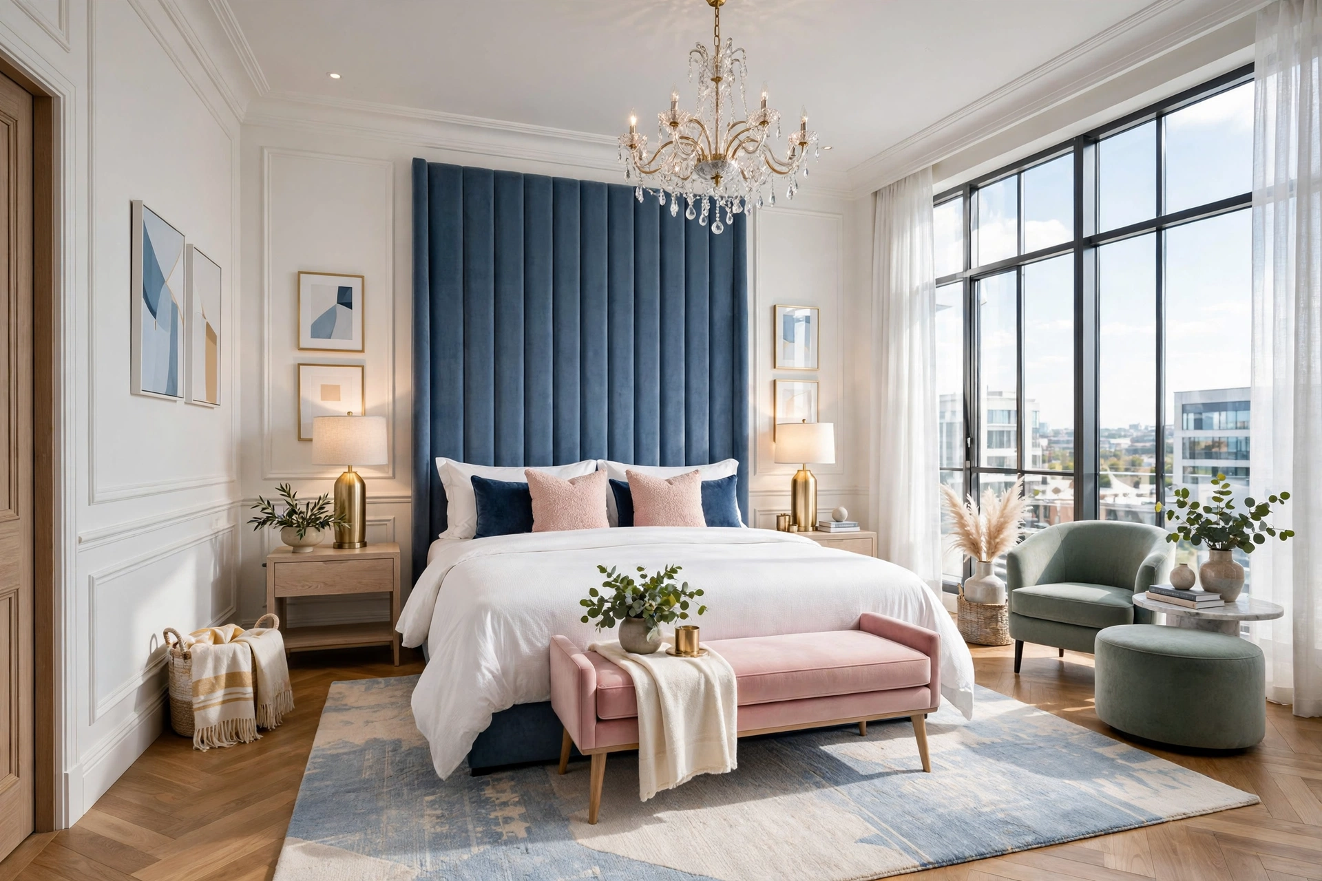Luxury hotel-suite master bedroom with crisp white bedding and tall upholstered headboard, entire room visible
