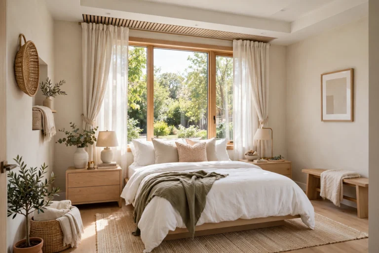 Bright small master bedroom with low-profile bed, white bedding, and large window making the room feel spacious