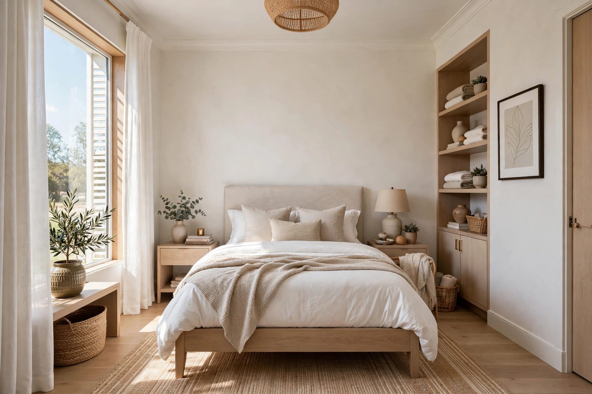 Small master bedroom with low-profile wooden bed frame and slim upholstered headboard in warm neutral tones