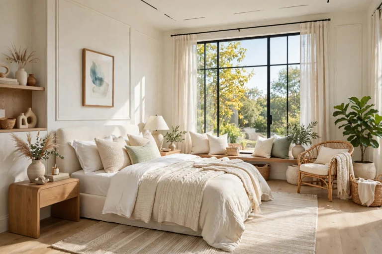 Bright aesthetic bedroom with layered cream bedding, rattan chair, and sunlit windows in a modern cozy style