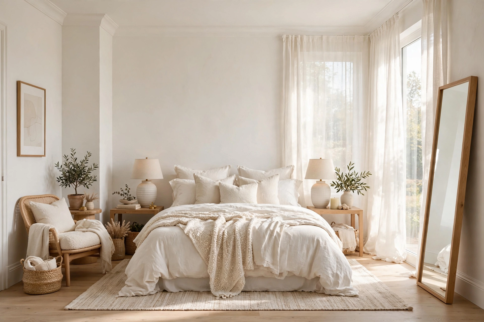 White-on-white aesthetic bedroom with layered ivory linen bedding and sheer curtains in bright daylight
