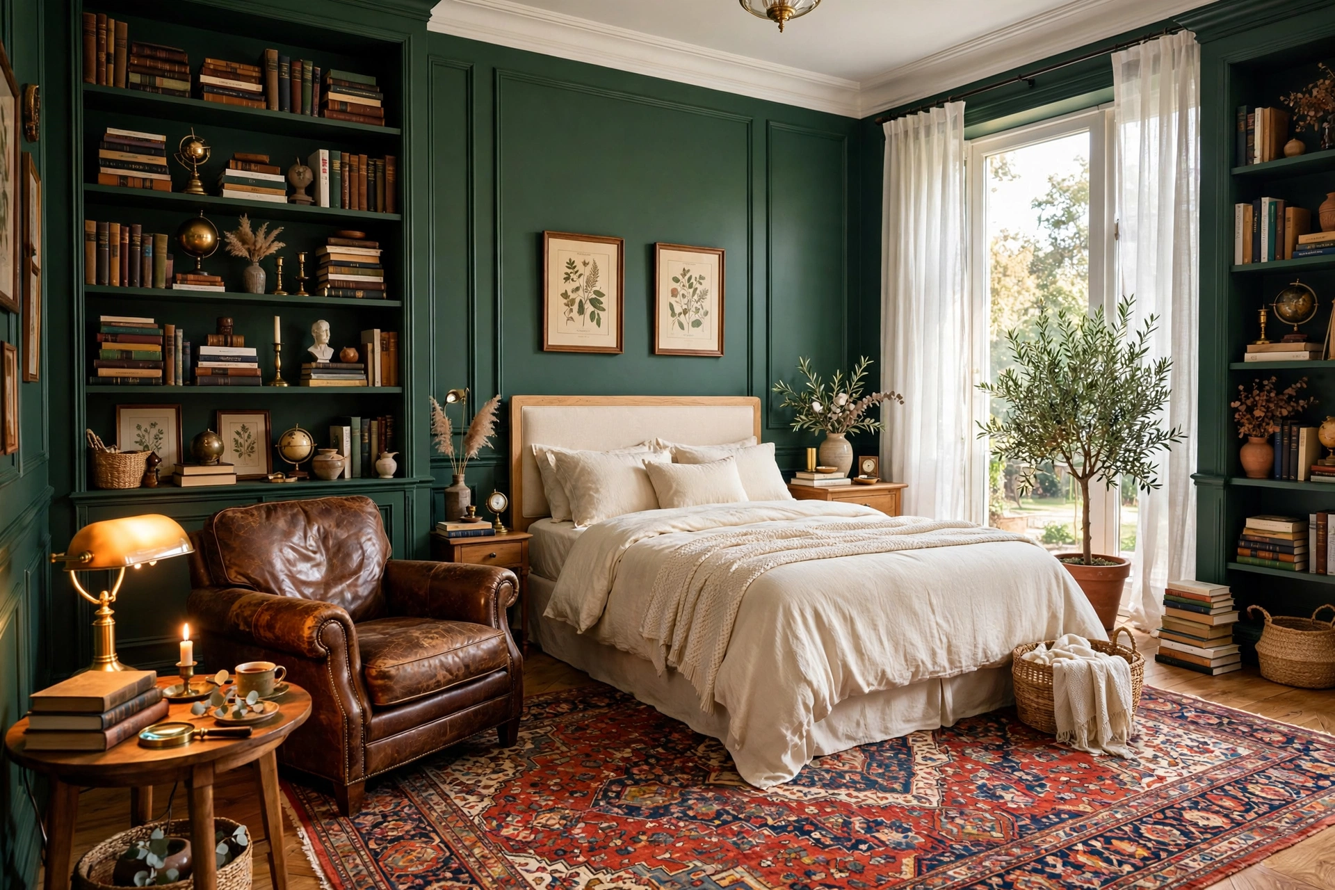 Dark academia bedroom corner with deep green walls, brass lamp, leather chair, and stacked books