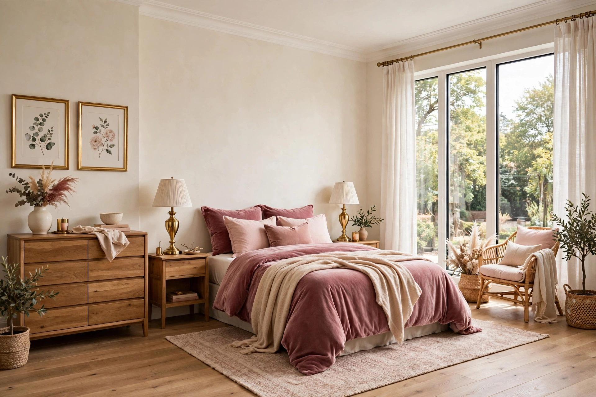 Soft romantic blush bedroom with dusty rose bedding, brass lamps, and cream walls