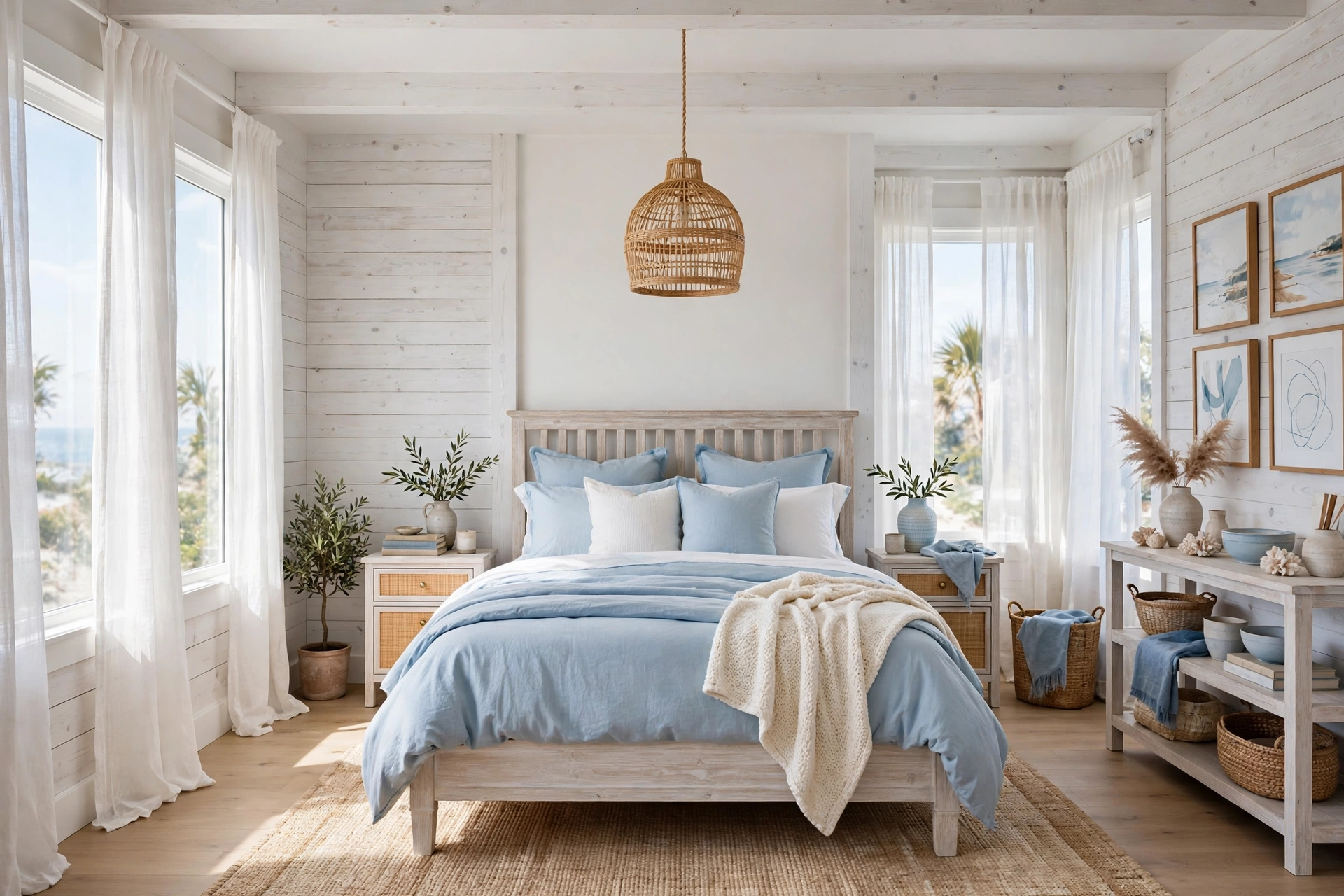 Breezy coastal bedroom with whitewashed wood, blue-grey bedding, and rattan pendant light